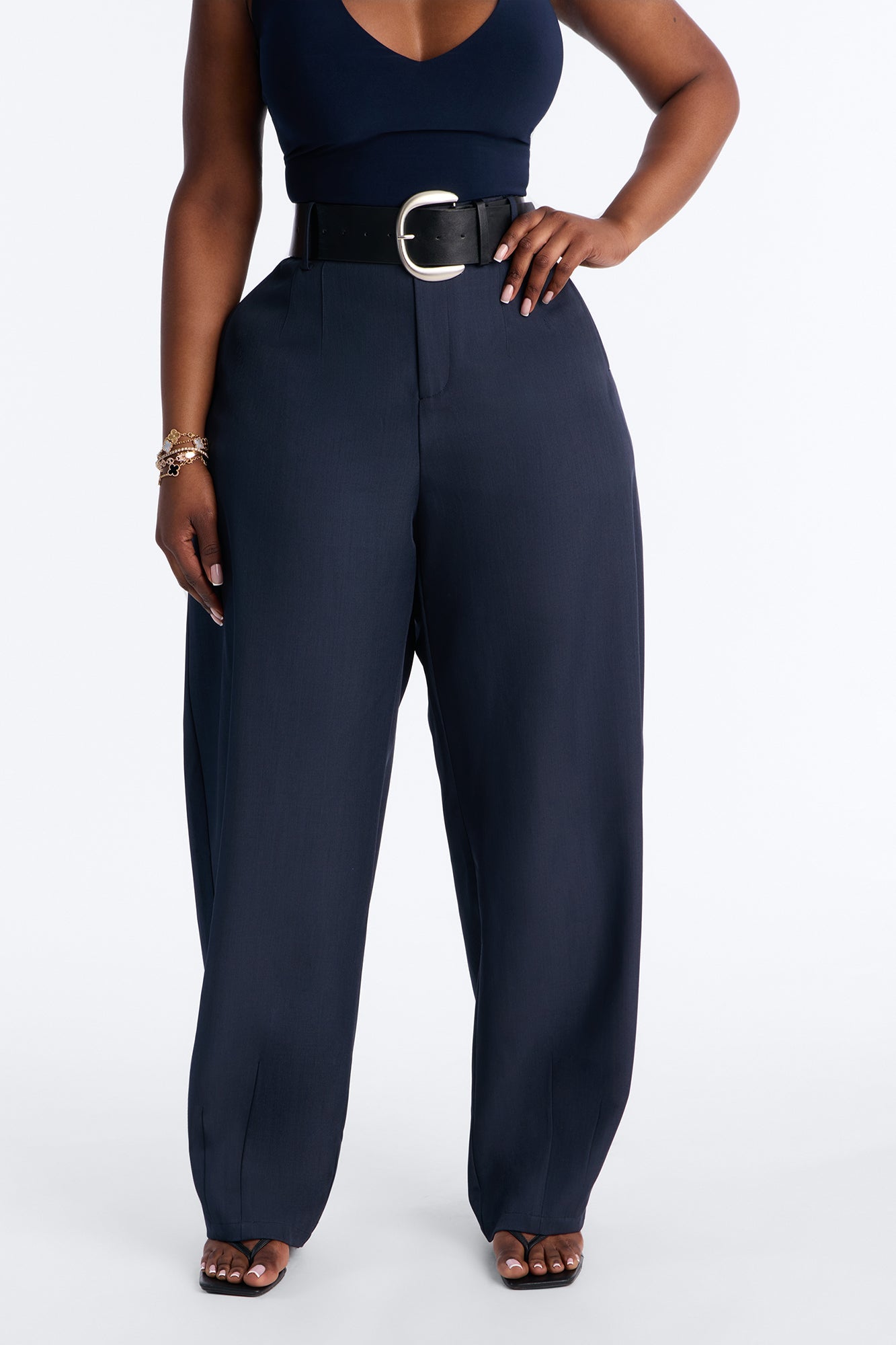 Rebecca Belted Barrel Trouser Pants - Navy