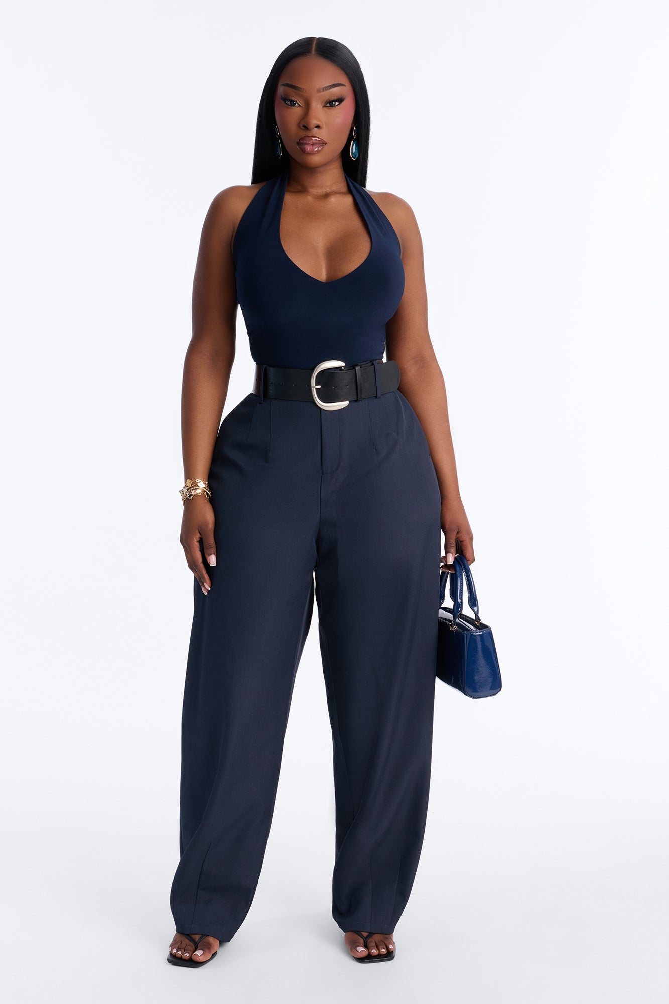 Rebecca Belted Barrel Trouser Pants - Navy
