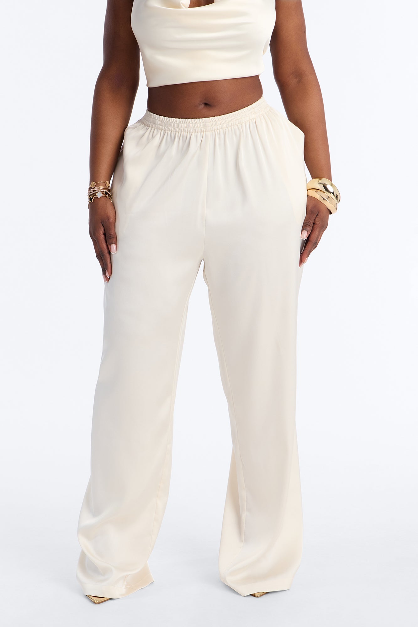 Teagan Low Rise Satin Wide Leg Pant 33″ - Ivory