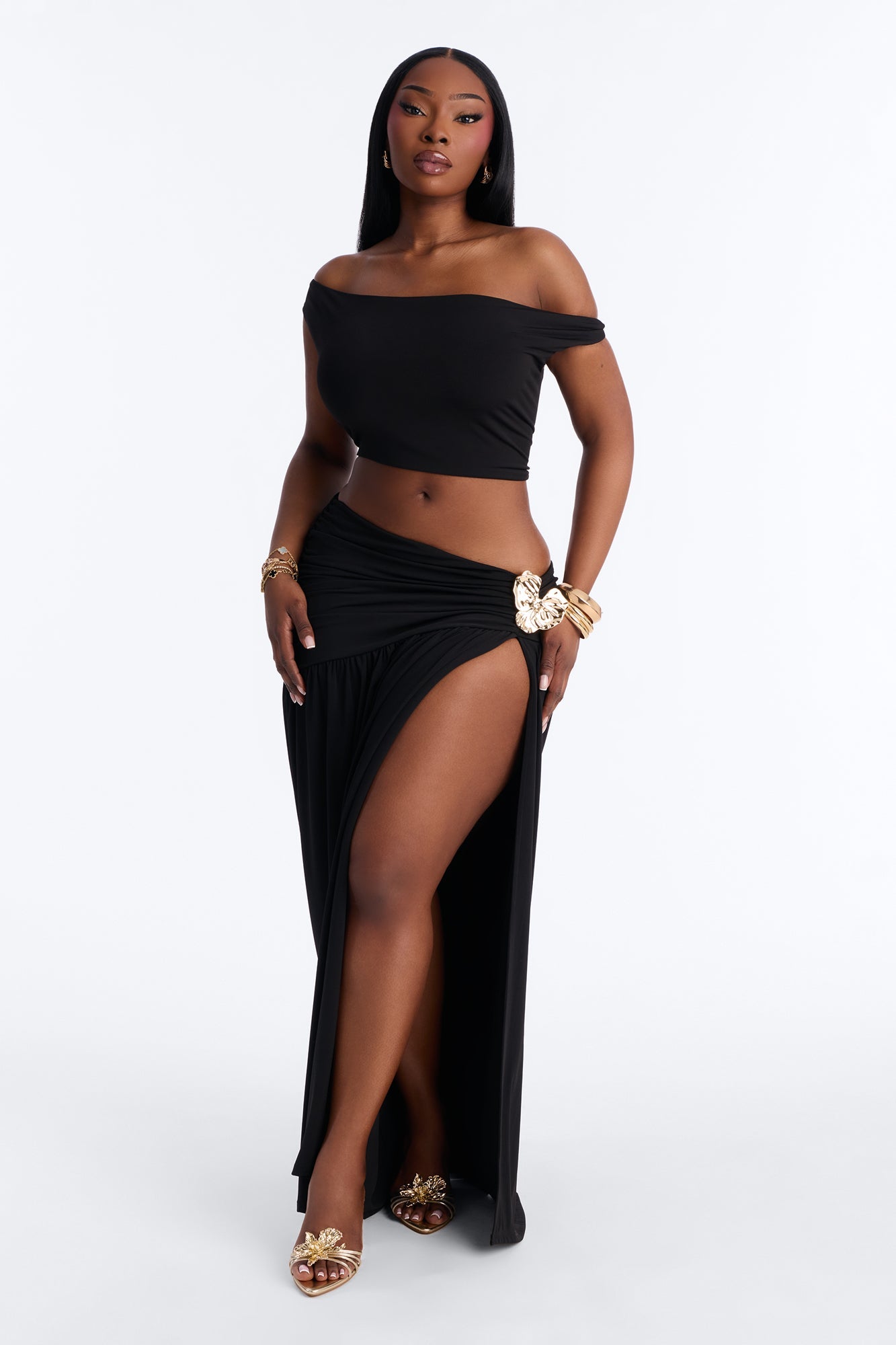 Marilyn Off Shoulder High Slit Maxi Skirt Set - Black