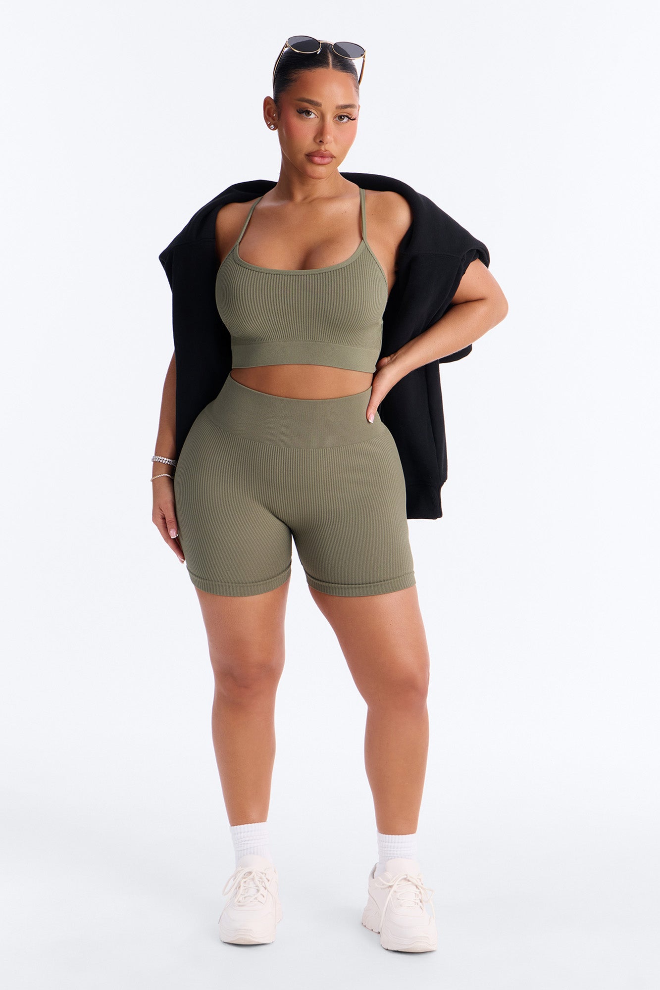Never Settle Seamless Sports Bra Biker Short Set - Olive