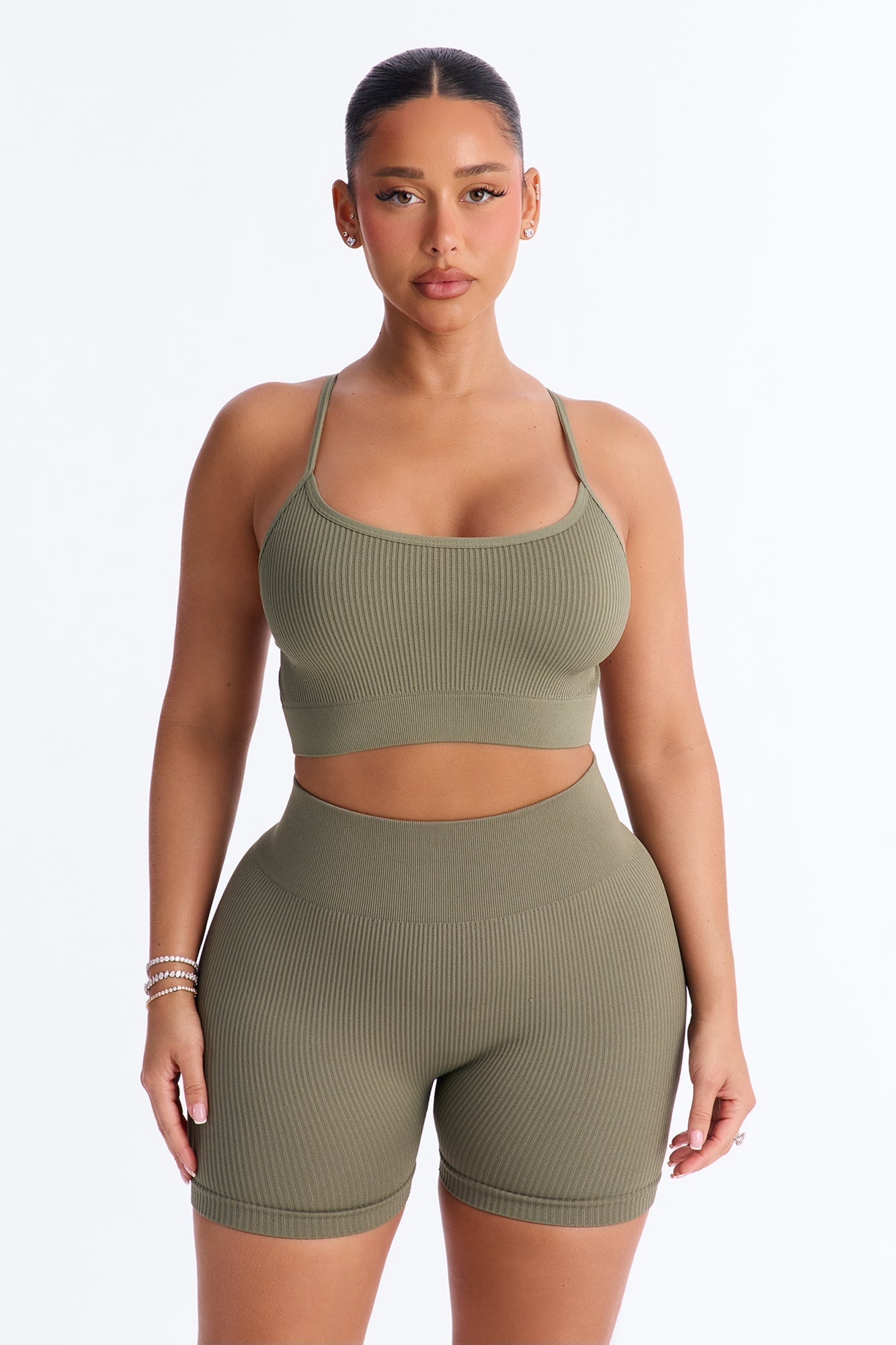 Never Settle Seamless Sports Bra Biker Short Set - Olive