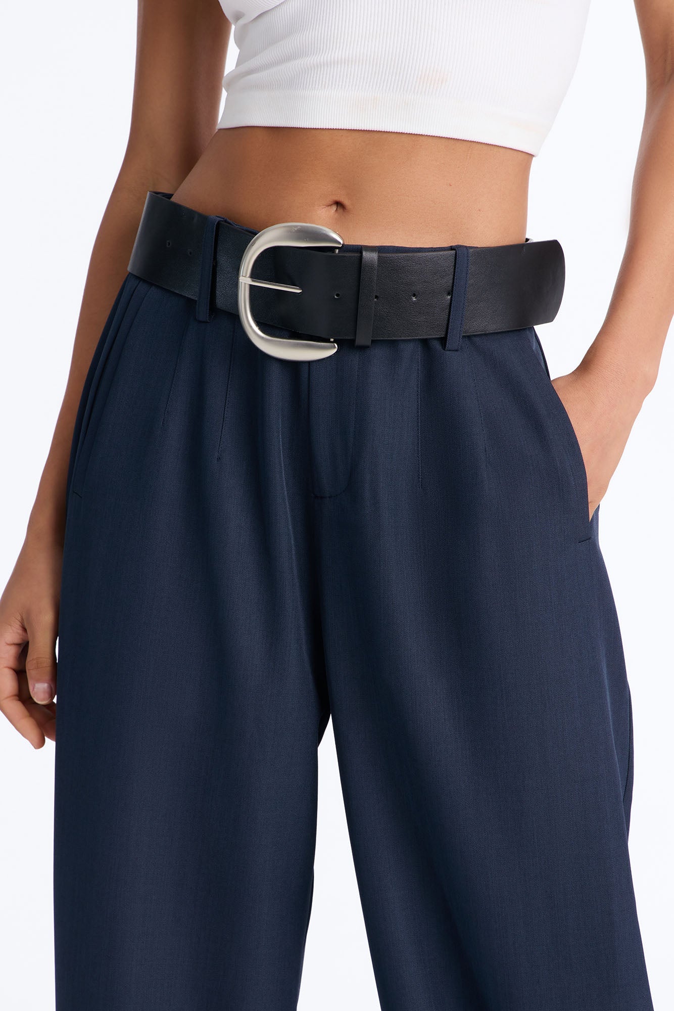Rebecca Belted Barrel Trouser Pants - Navy