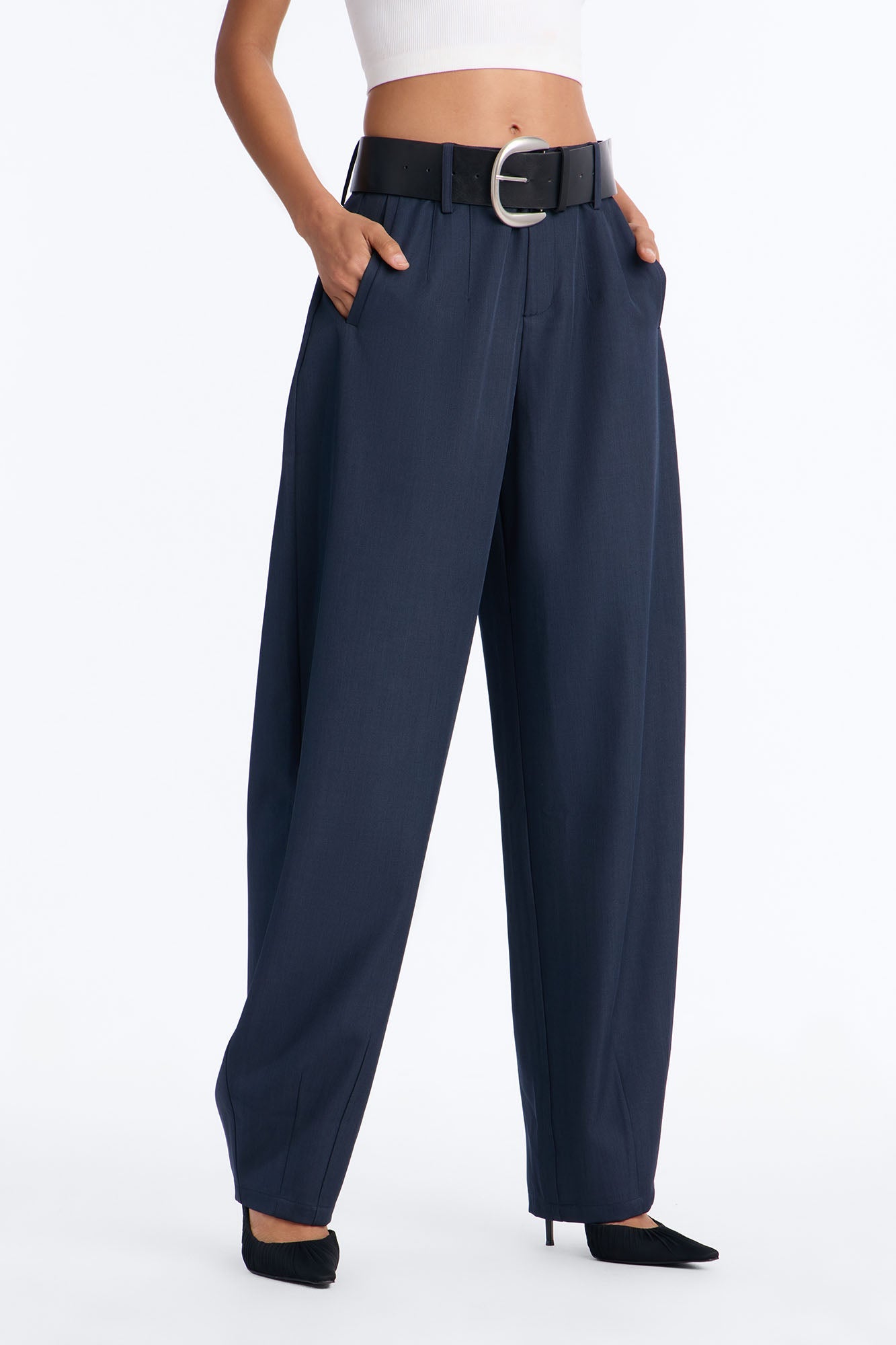 Rebecca Belted Barrel Trouser Pants - Navy