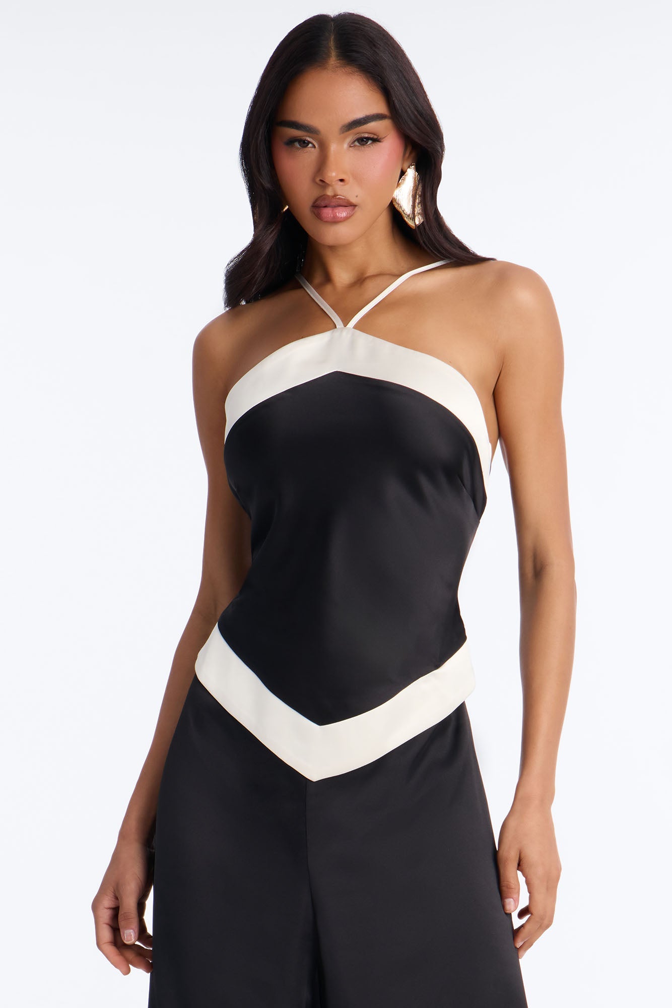 Hailie Satin Contrast Trim Halter Jumpsuit - Black
