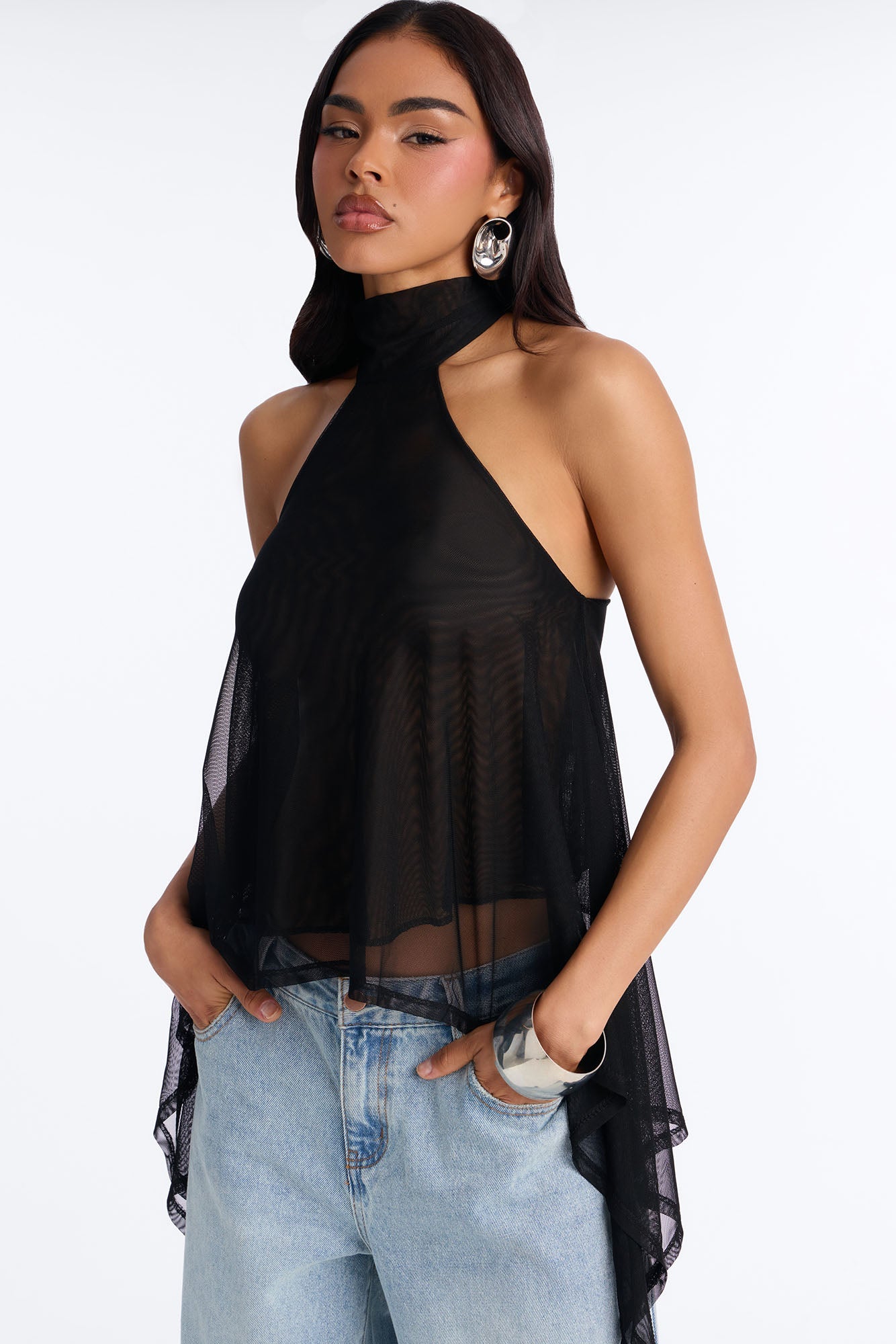 Feeling Fine Sheer Mesh High Neck Sleeveless Top - Black
