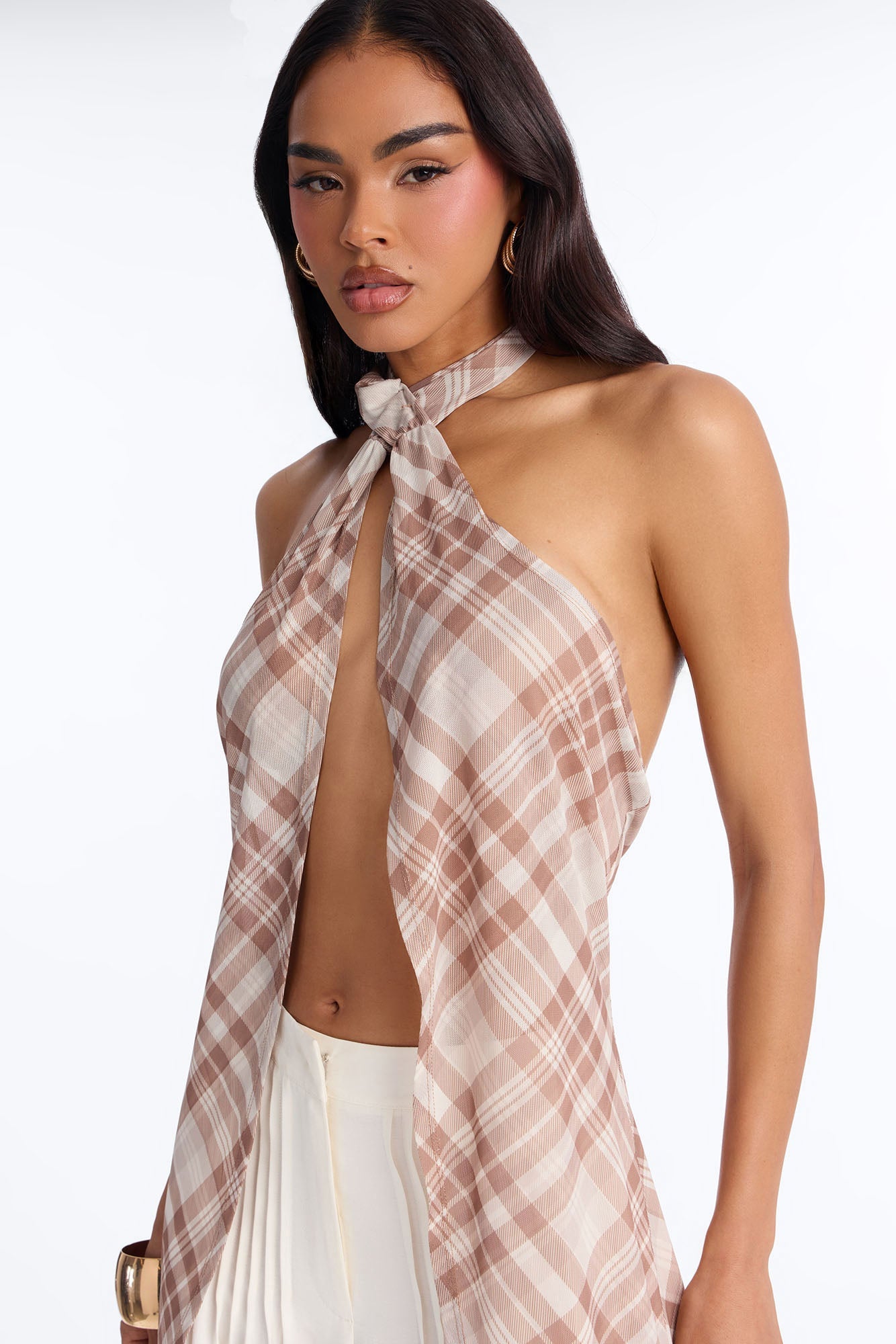 Plaid Vision Mesh Flyaway Halter Top - Cream/combo