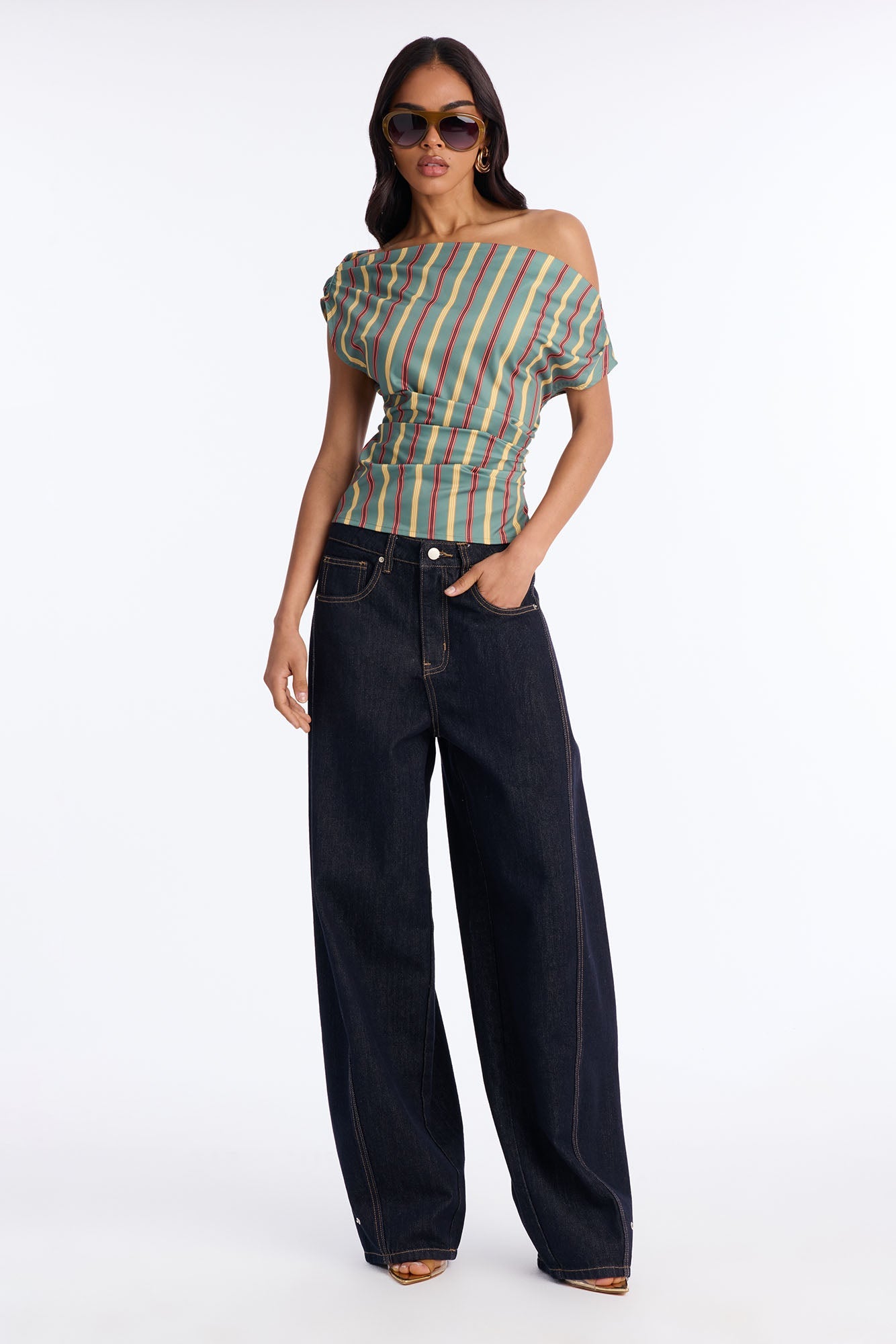 Set The Tone One Shoulder Striped Top - Green/combo