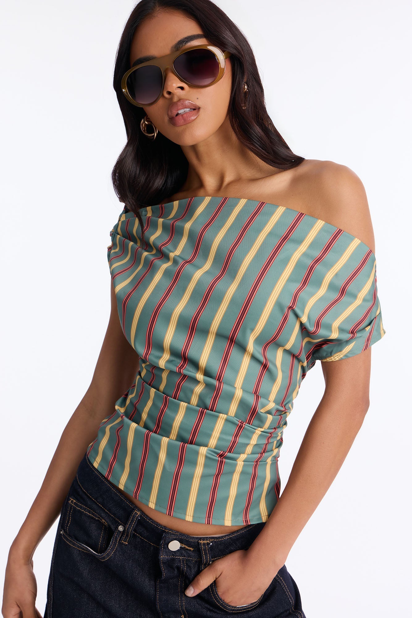 Set The Tone One Shoulder Striped Top - Green/combo