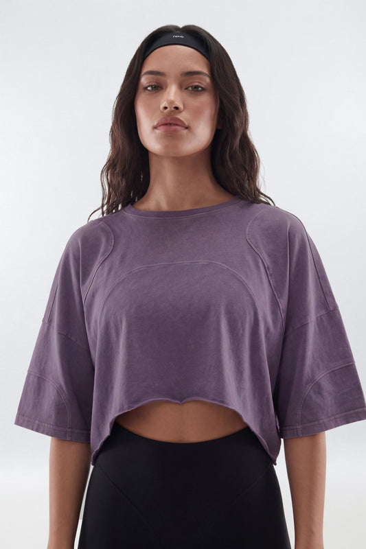 Cotton Jersey Oversized Stitched Short Sleeve Top - Iris