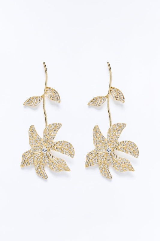 Smell The Flowers Rhinestone Earrings - Gold