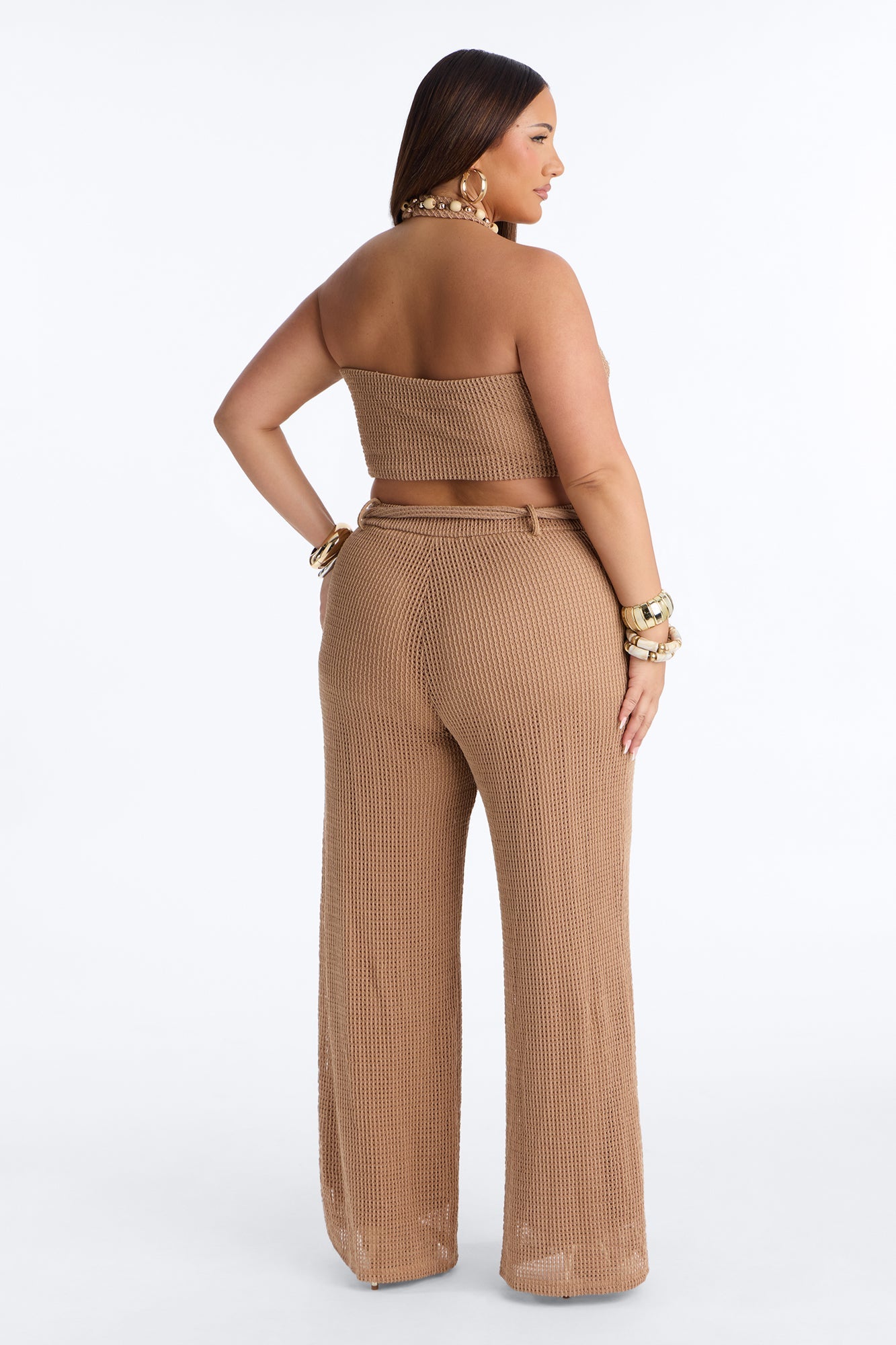 Shoreline Chic Beaded Halter Crochet Pant Set - Camel