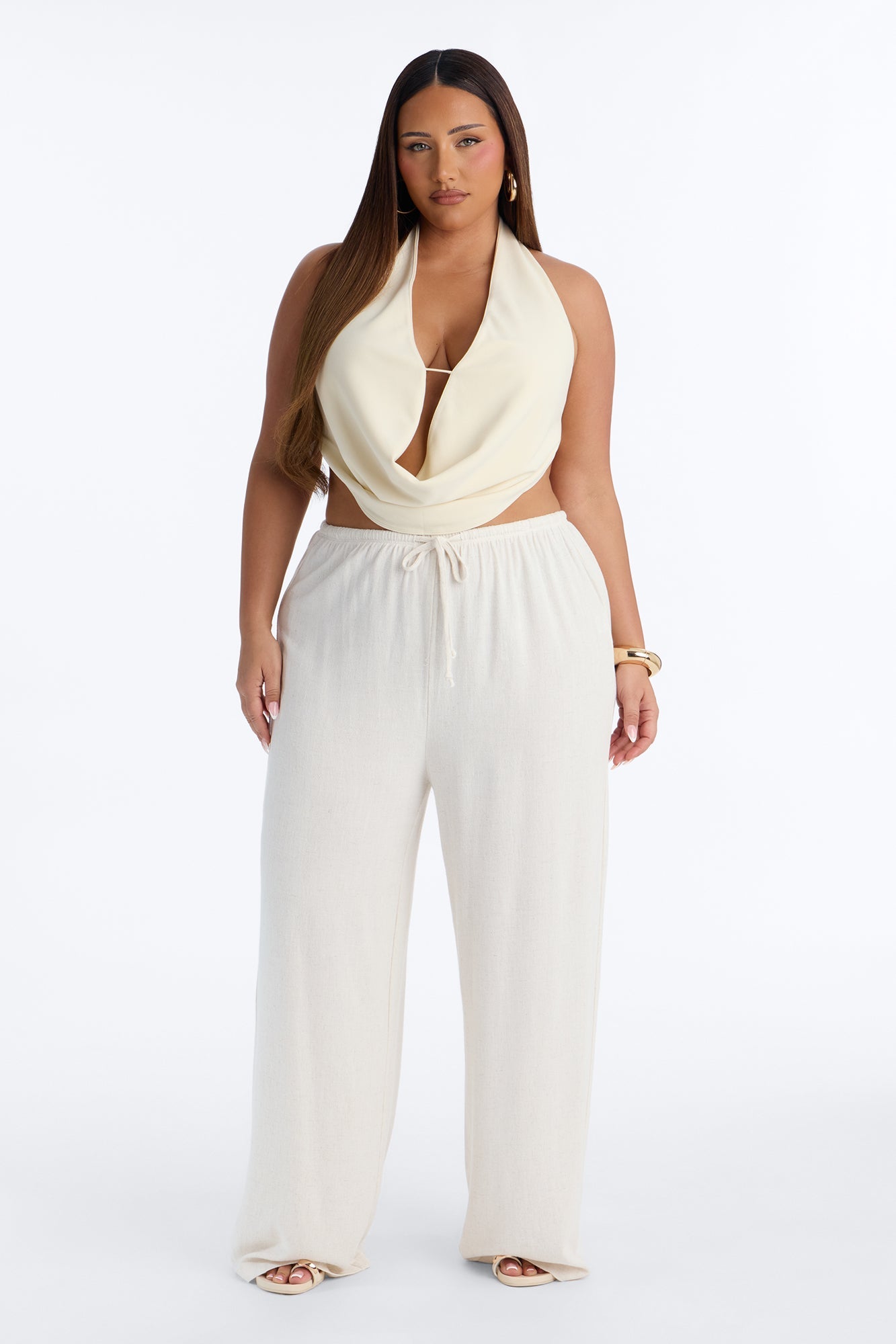 Kienna Low Rise Linen Wide Leg Pant 30″ - Natural