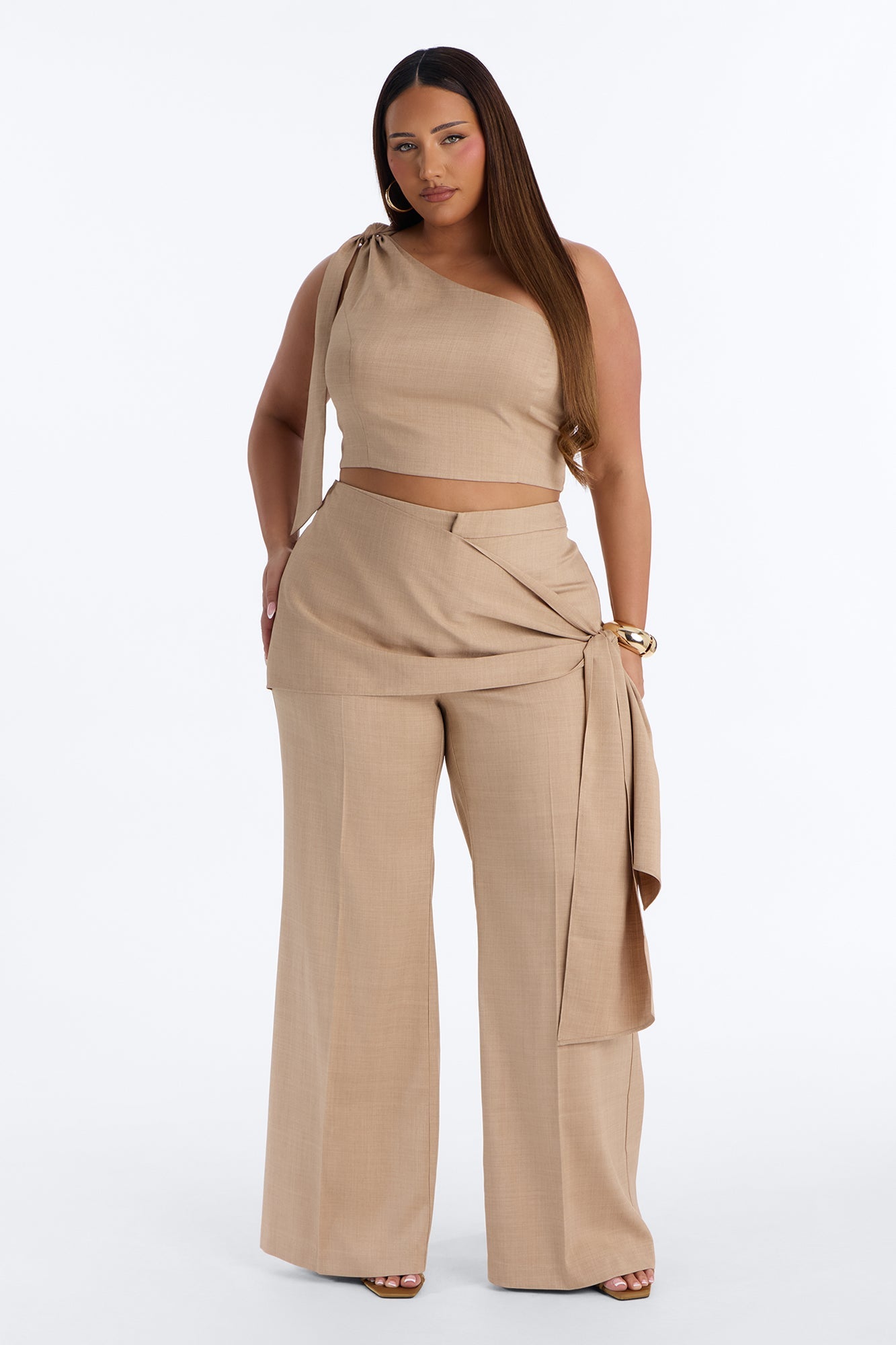Lena Crepe One Shoulder Wrap Trouser Set - Taupe