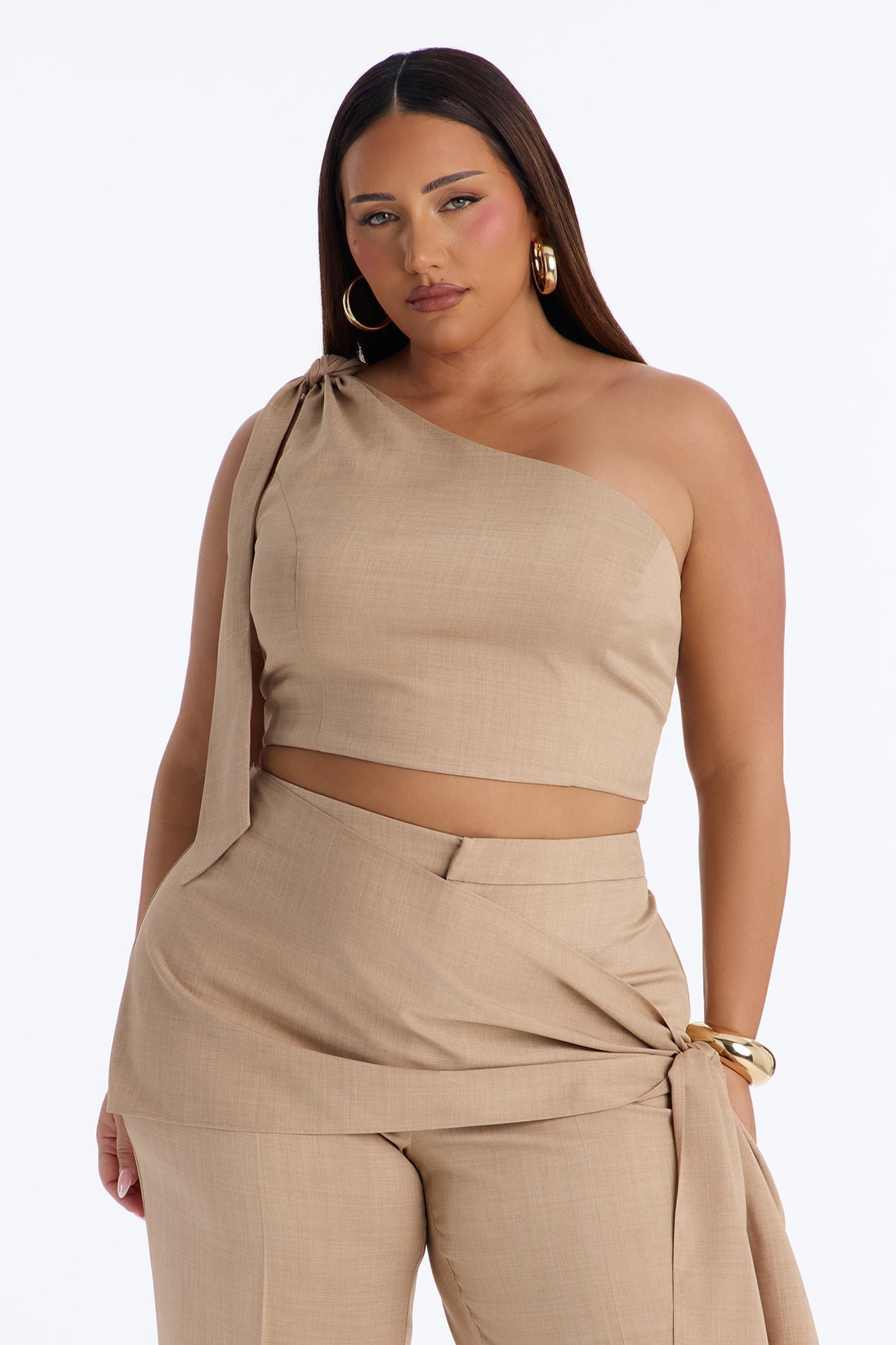 Lena Crepe One Shoulder Wrap Trouser Set - Taupe