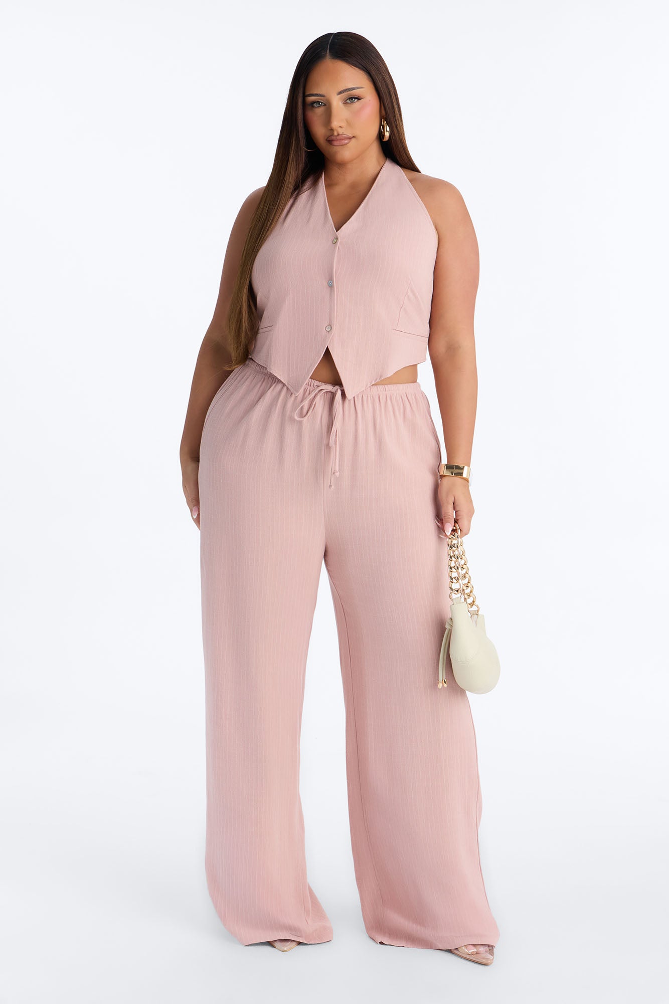 Girl Gone Wild Pinstripe Linen Halter Top - Blush