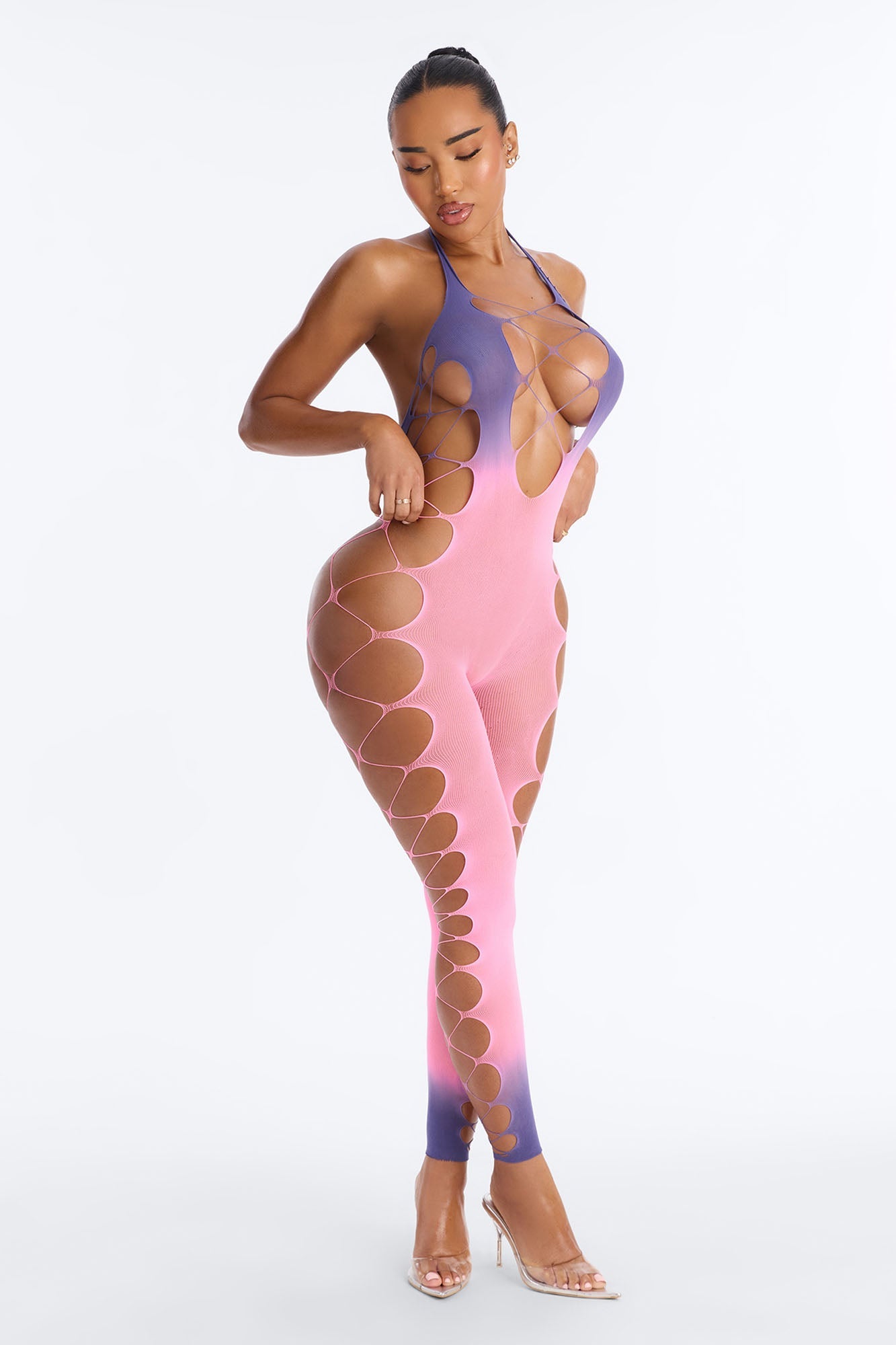 Give In Ombre Fishnet Jumpsuit Bodystocking - Pink/combo