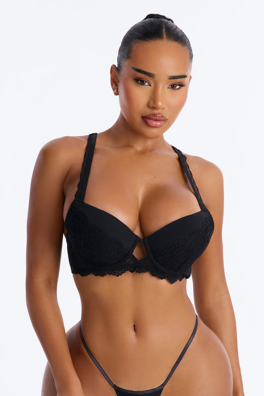 Underneath It All Microfiber Lace Push Up Molded Cup Bra - Black