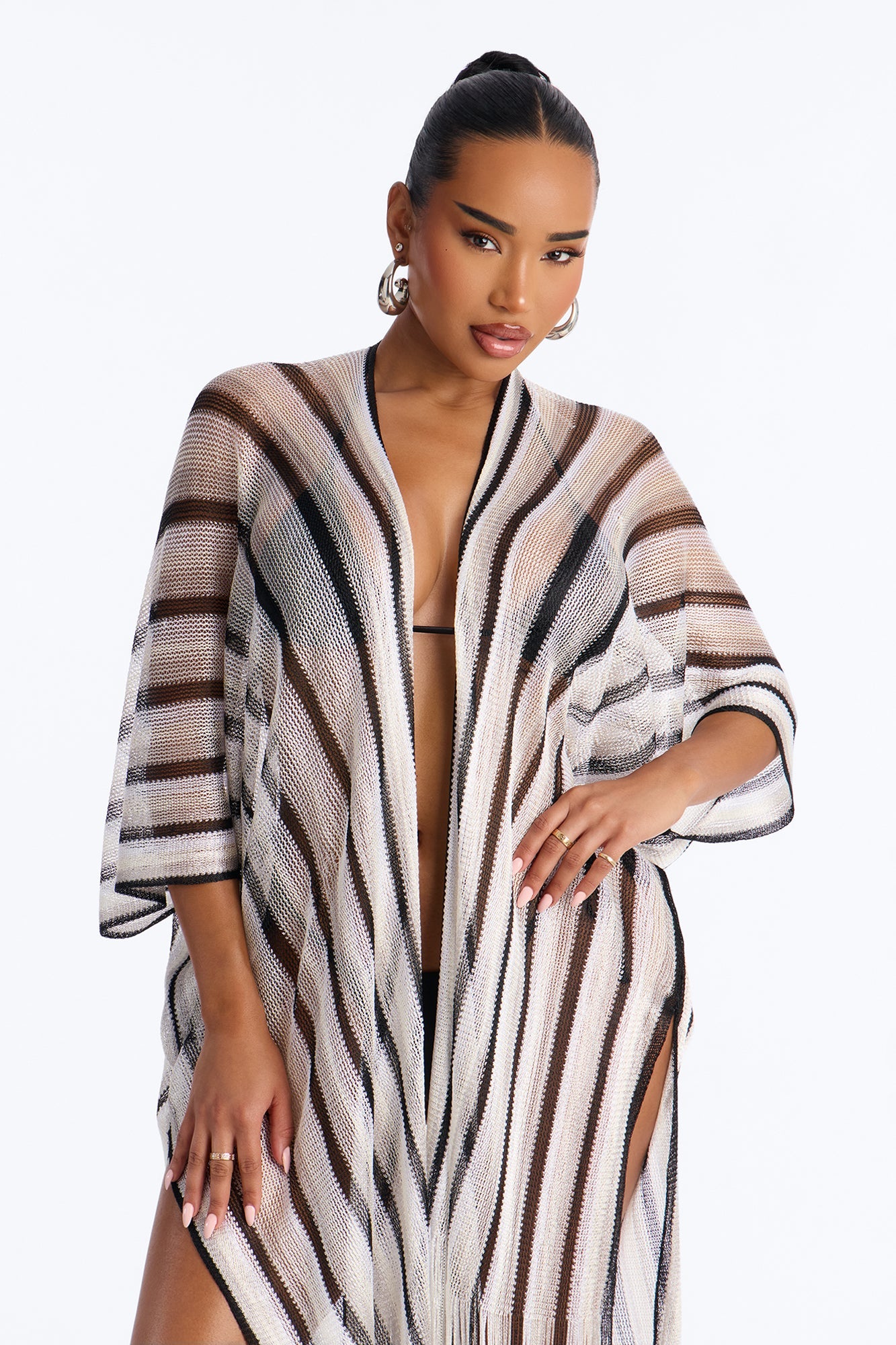 Leni Striped Swim Cover Up Kimono - Black/White