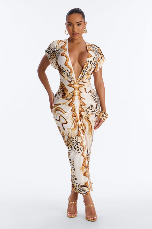 Annika Ruched Animal Print Midi Dress - Brown/combo