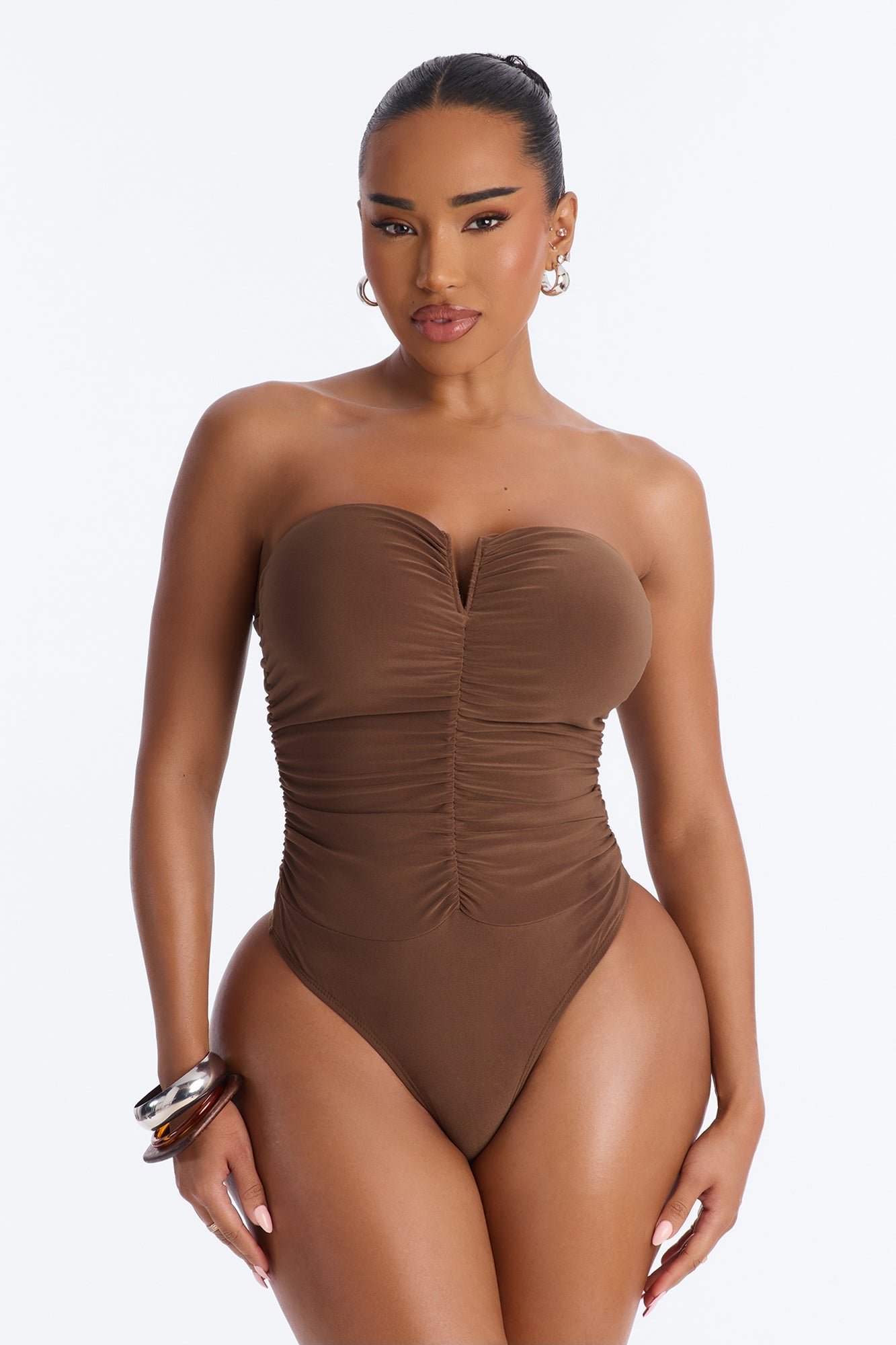 Gentle Blossom Ruched Notch Neck Strapless Bodysuit - Mocha