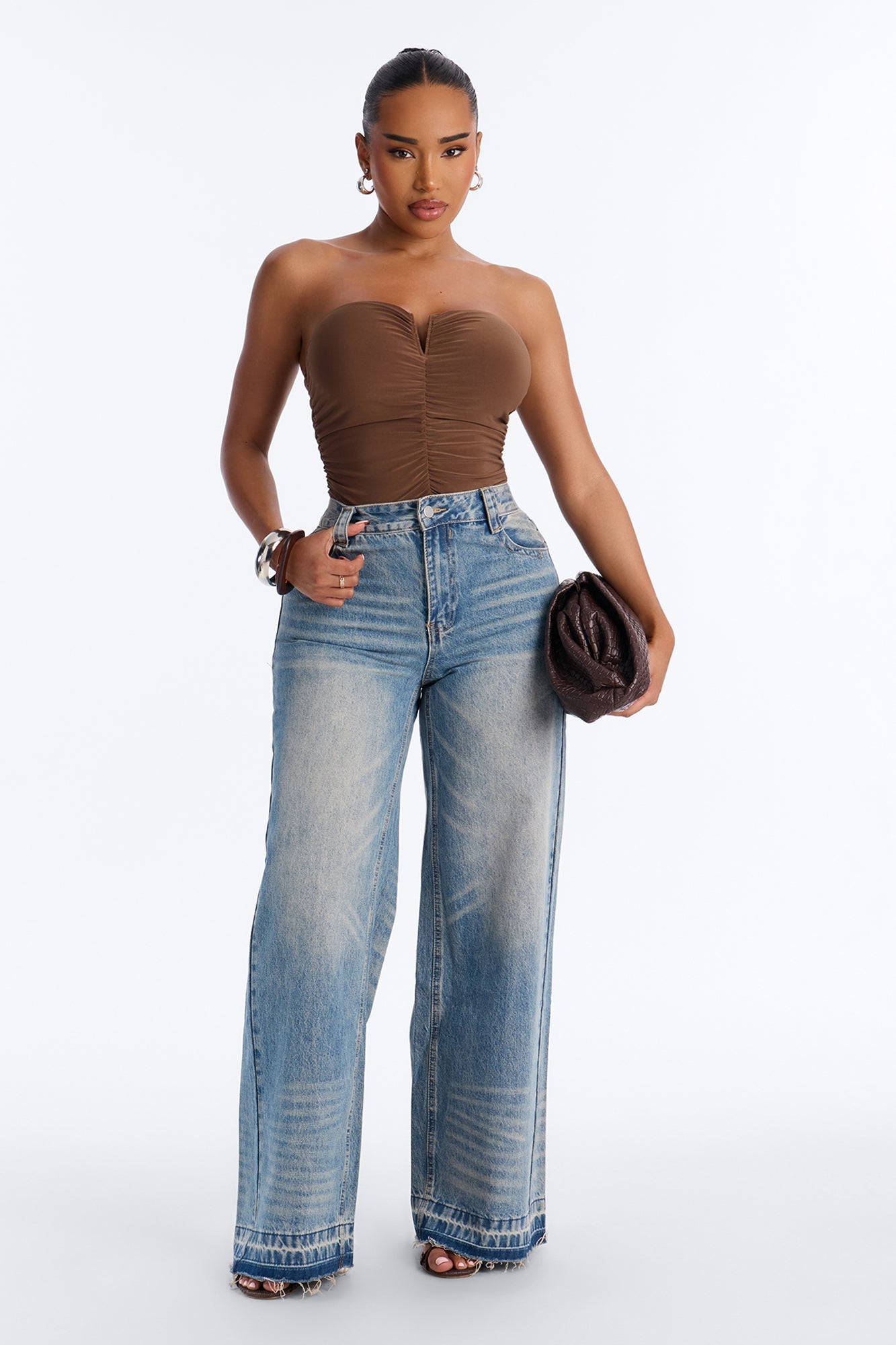 Gentle Blossom Ruched Notch Neck Strapless Bodysuit - Mocha