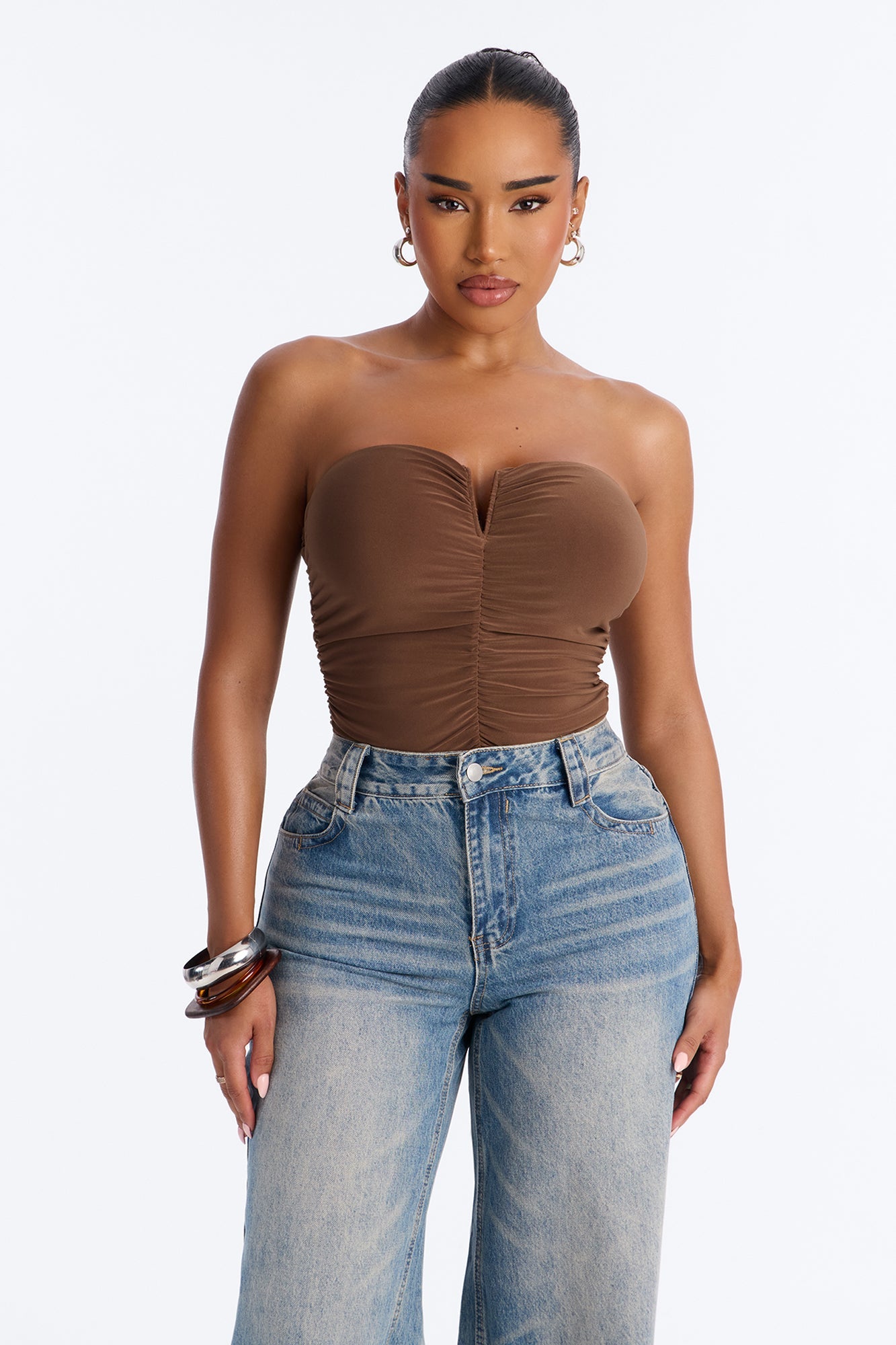 Gentle Blossom Ruched Notch Neck Strapless Bodysuit - Mocha