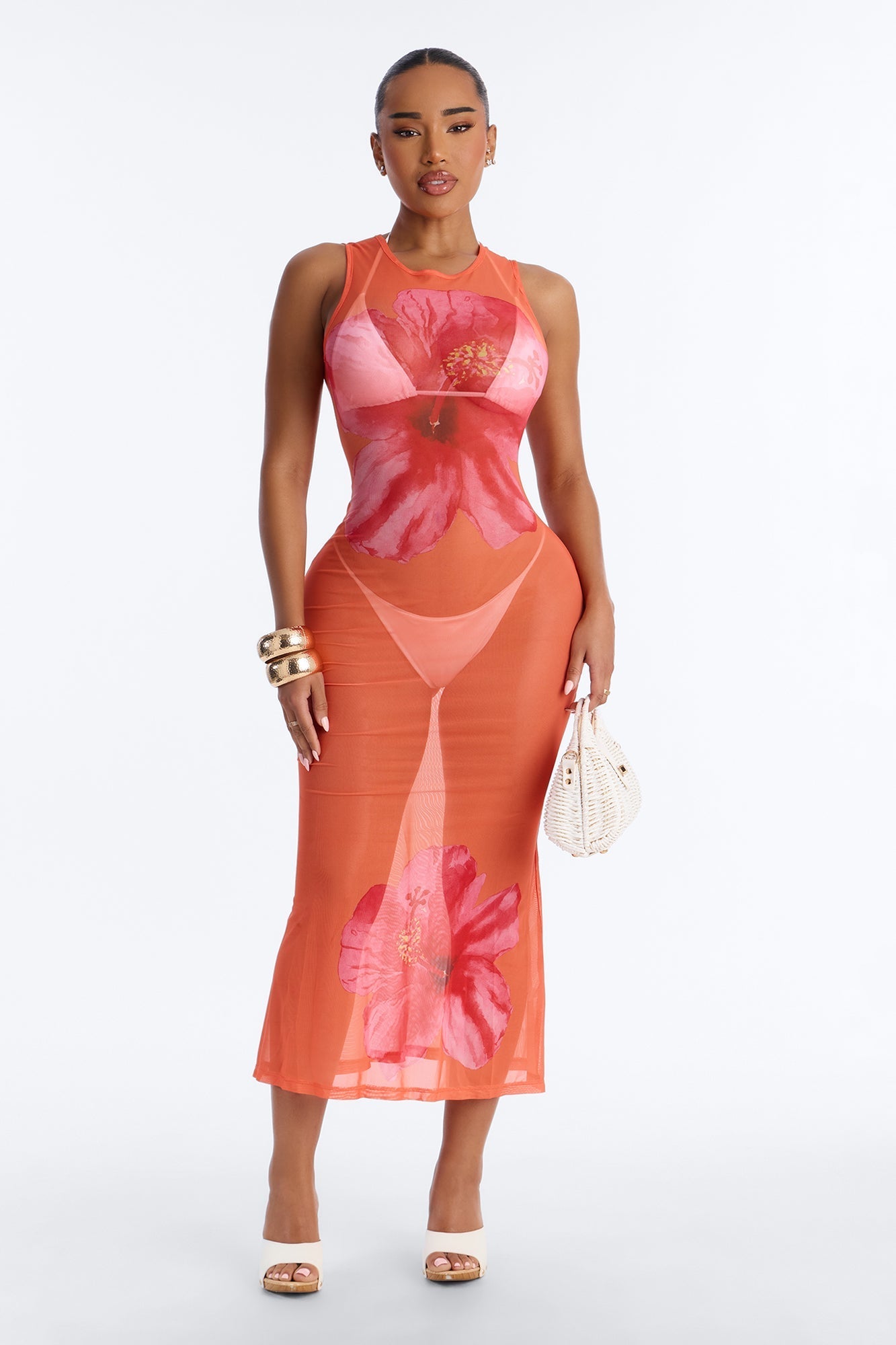 Floral Fantasy Sheer Swim Cover Up Dress - Orange Fashion Nova