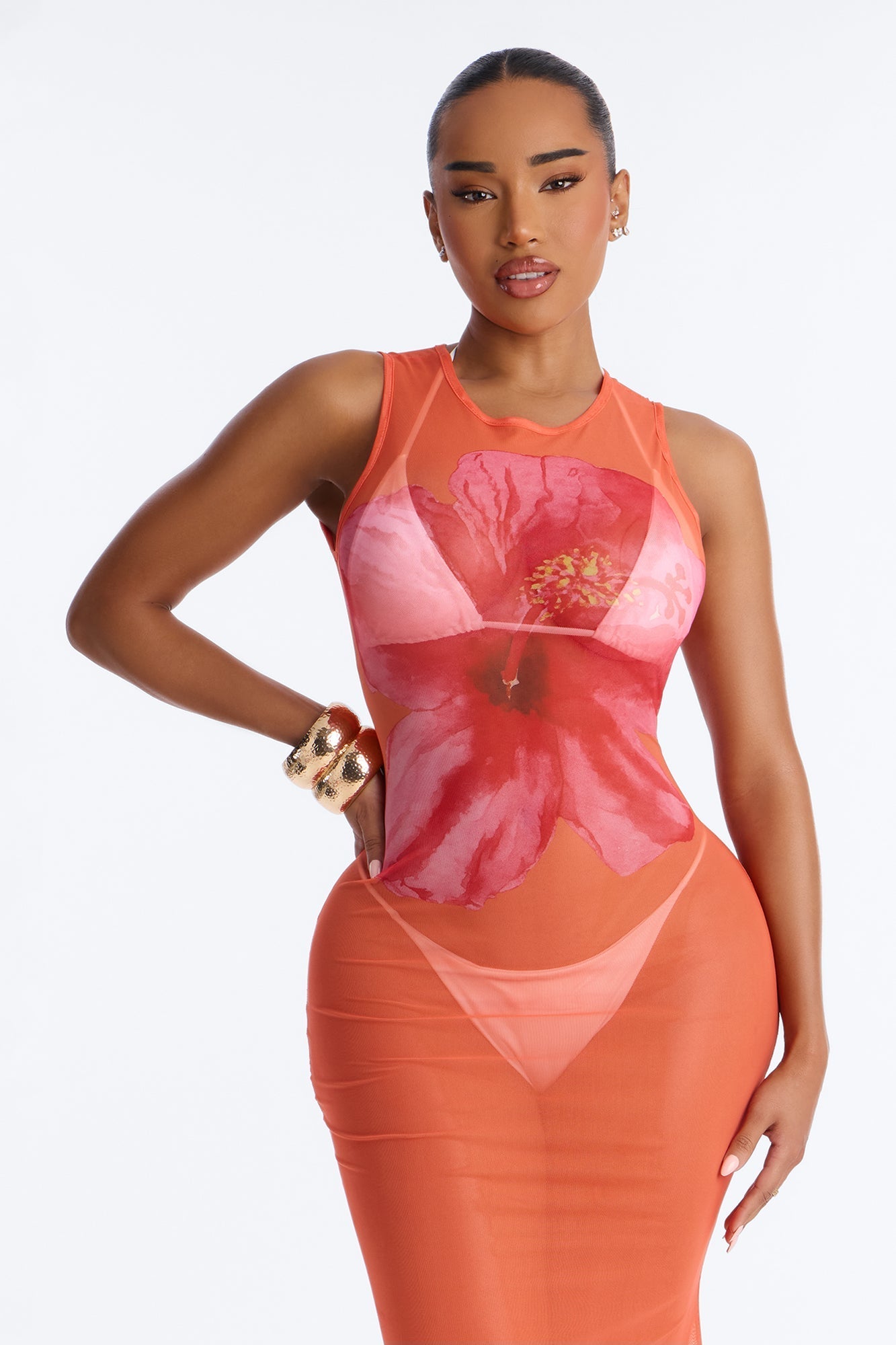Floral Fantasy Sheer Swim Cover Up Dress - Orange Fashion Nova
