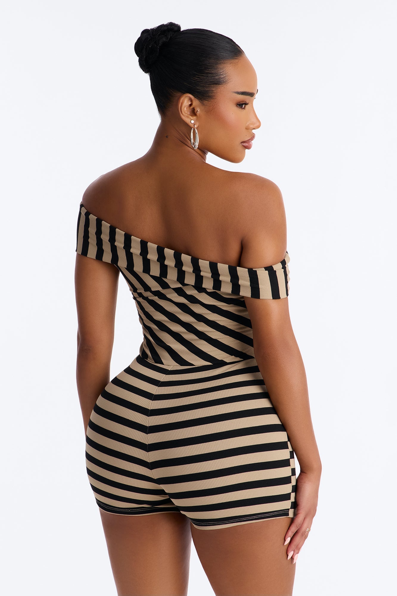 Celia Striped Off Shoulder Micro Romper - Black/combo