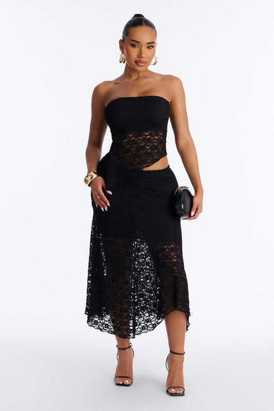 Liliana Lace Asymmetrical Skirt Set - Black