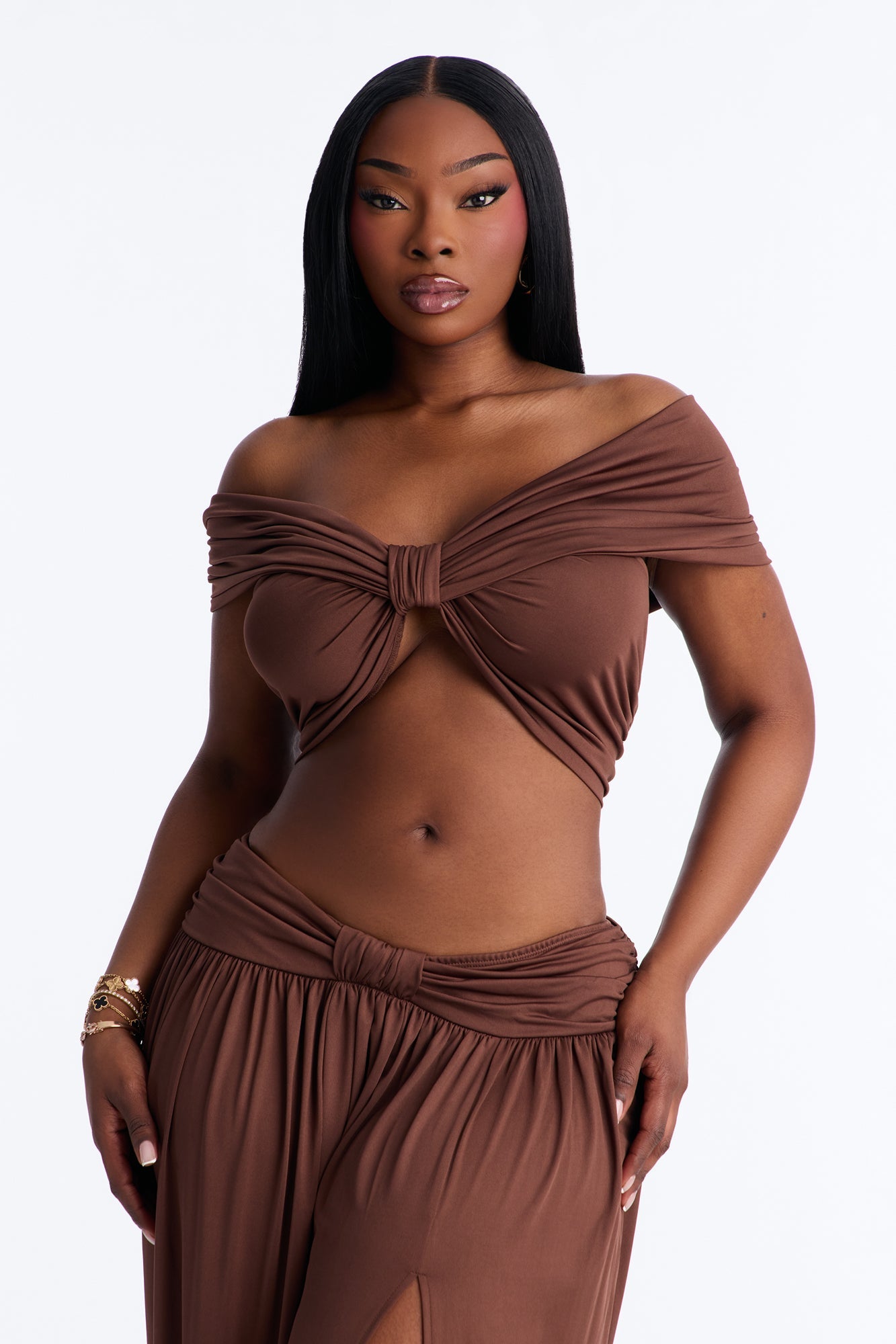 Rae Ruched Off The Shoulder Knit Top - Chocolate