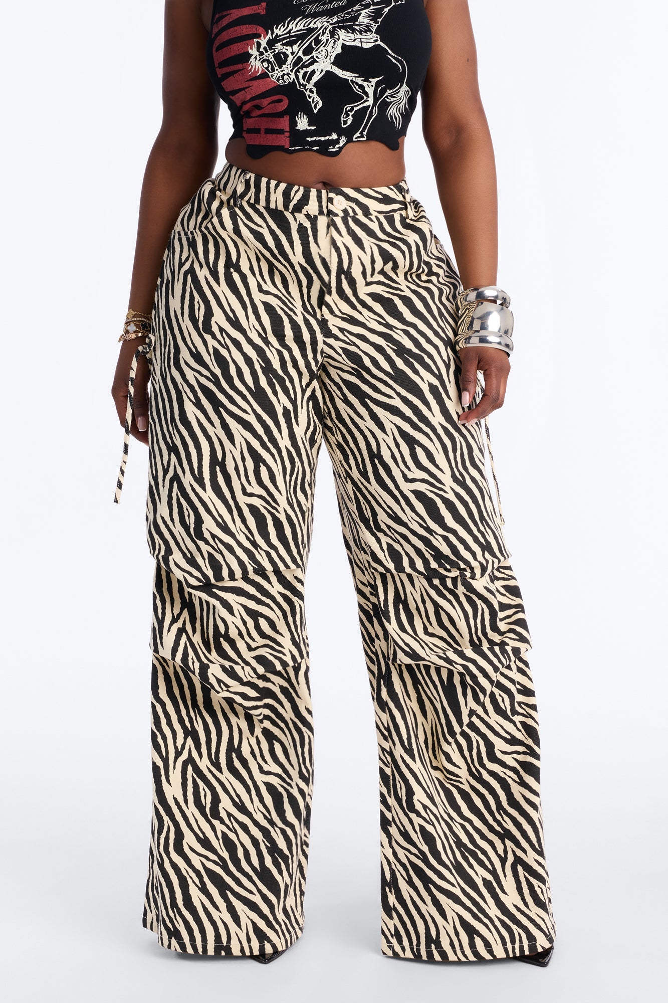 Daring Zebra Wide Leg Pleated Pants 33″ - Black/combo
