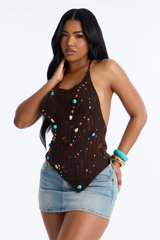 Alani Distressed Beaded Crochet Halter Top - Chocolate
