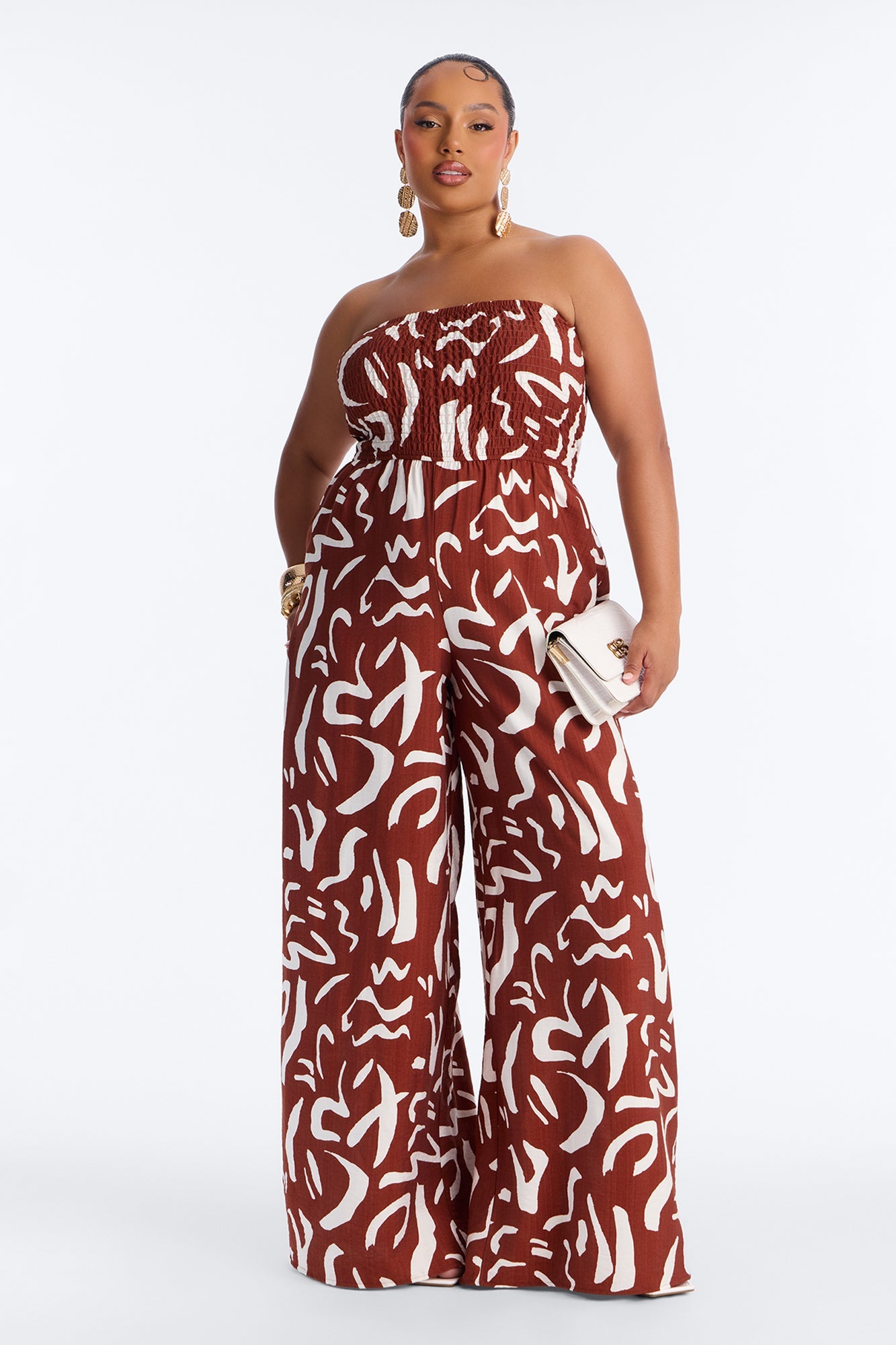 Faye Strapless Abstract Wide Leg Jumpsuit - Rust/combo