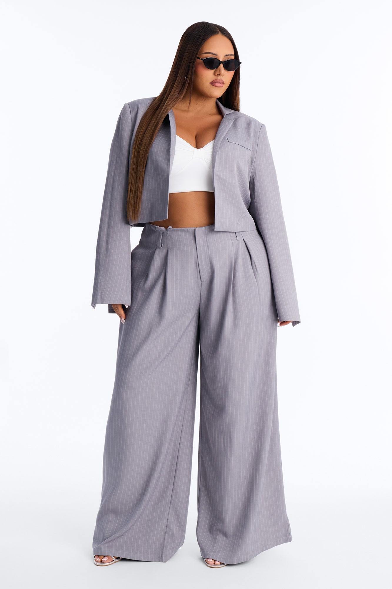Ahmeira Cropped Pinstripe Blazer - Grey/combo Fashion Nova