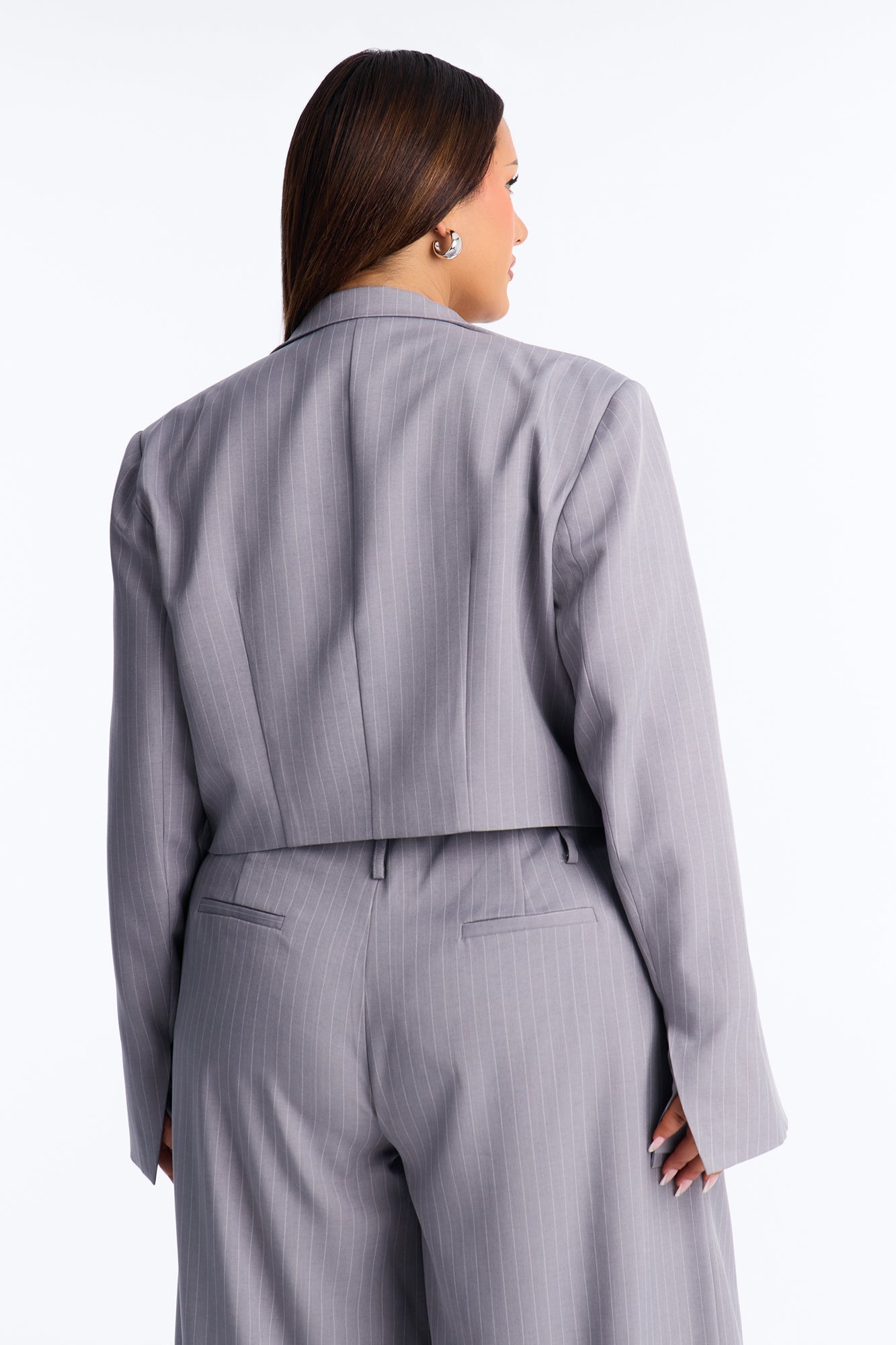 Ahmeira Cropped Pinstripe Blazer - Grey/combo Fashion Nova
