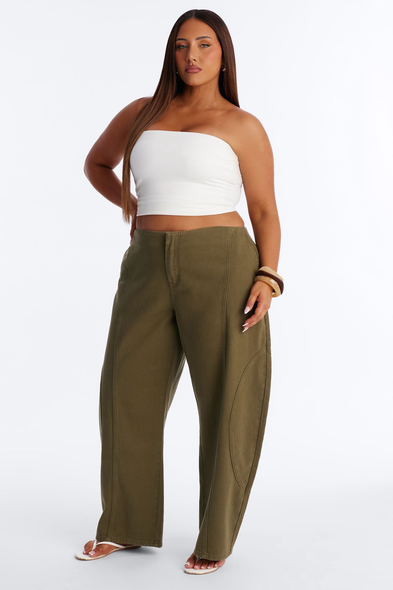 Maliah Low Rise Twill Barrel Leg Pants - Military Green