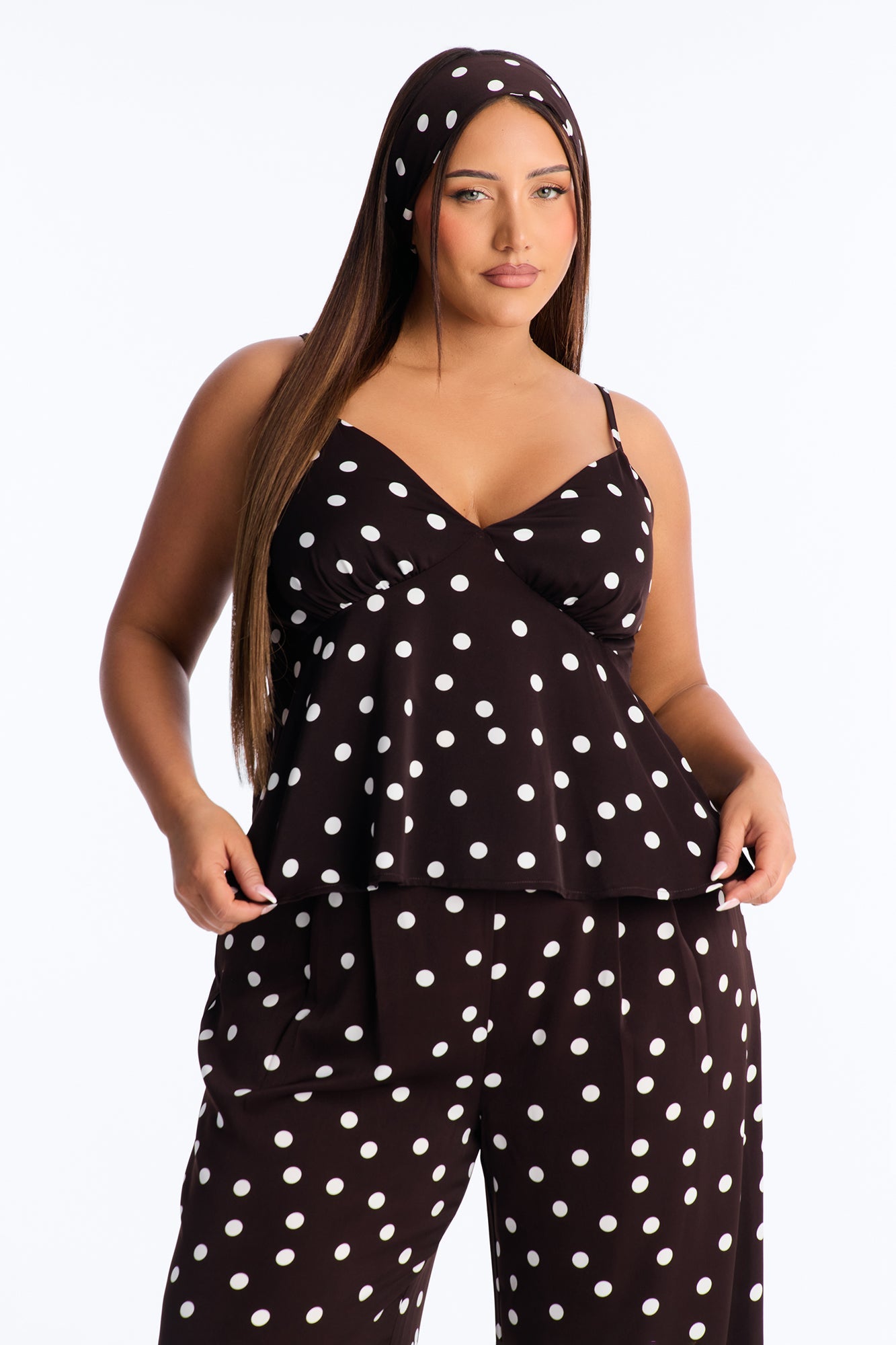 Monique Satin Polka Dot 3 Piece Pant Set - Brown Combo