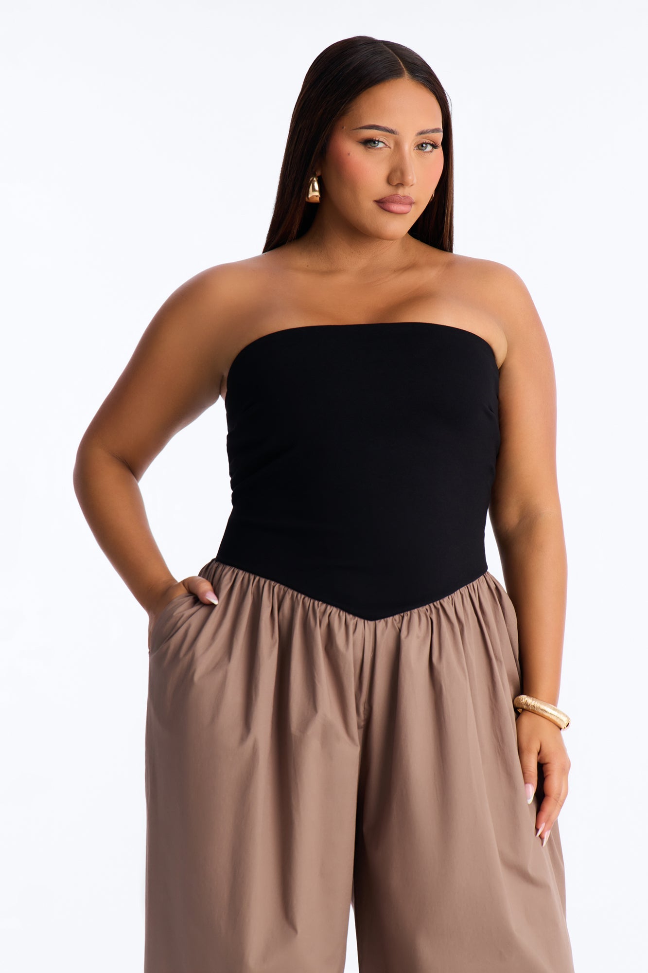 Sunday Walks Strapless Poplin Jumpsuit - Mocha