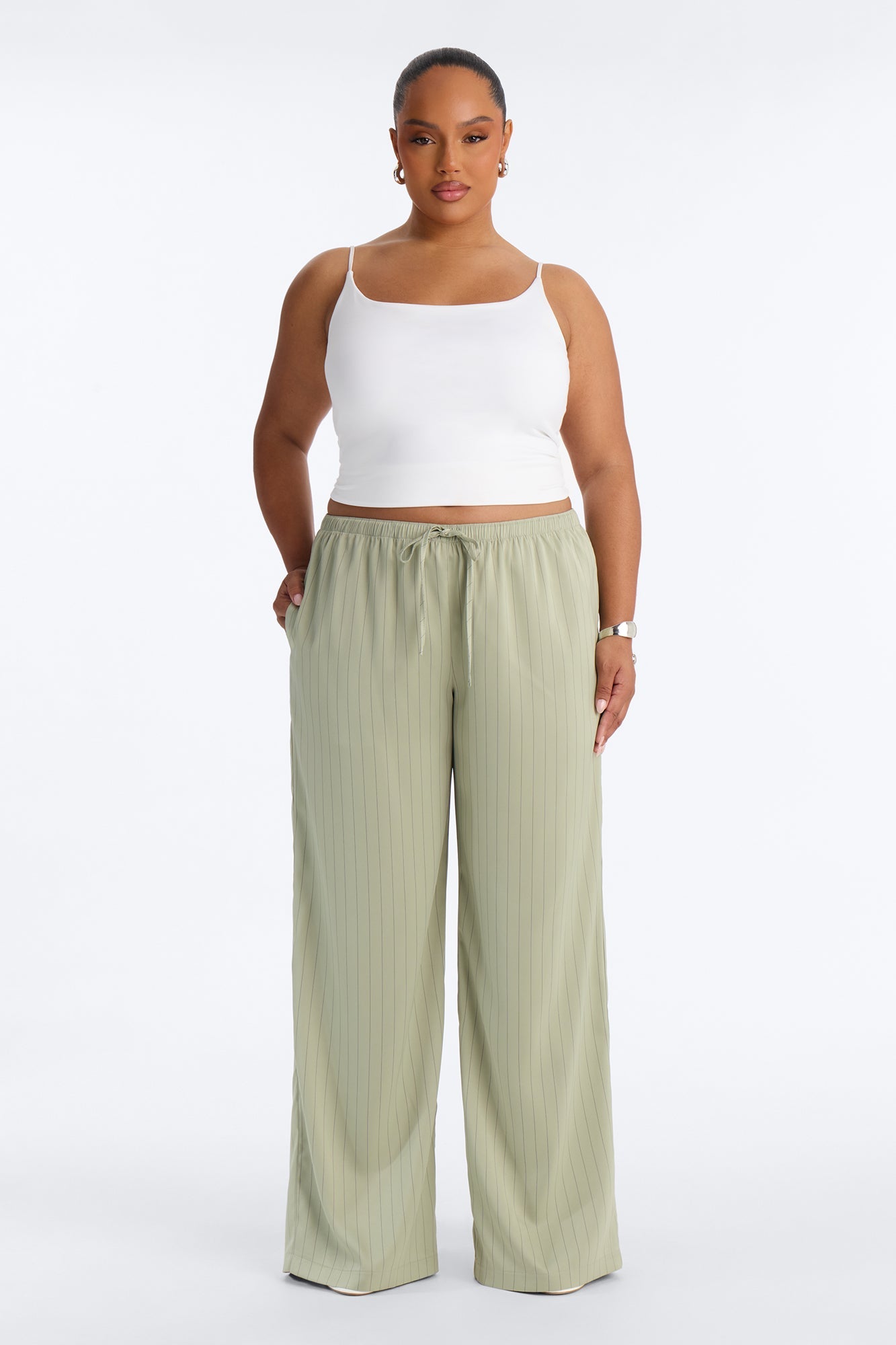Lulu Pinstripe Satin Wide Leg Pant 32″ - Olive