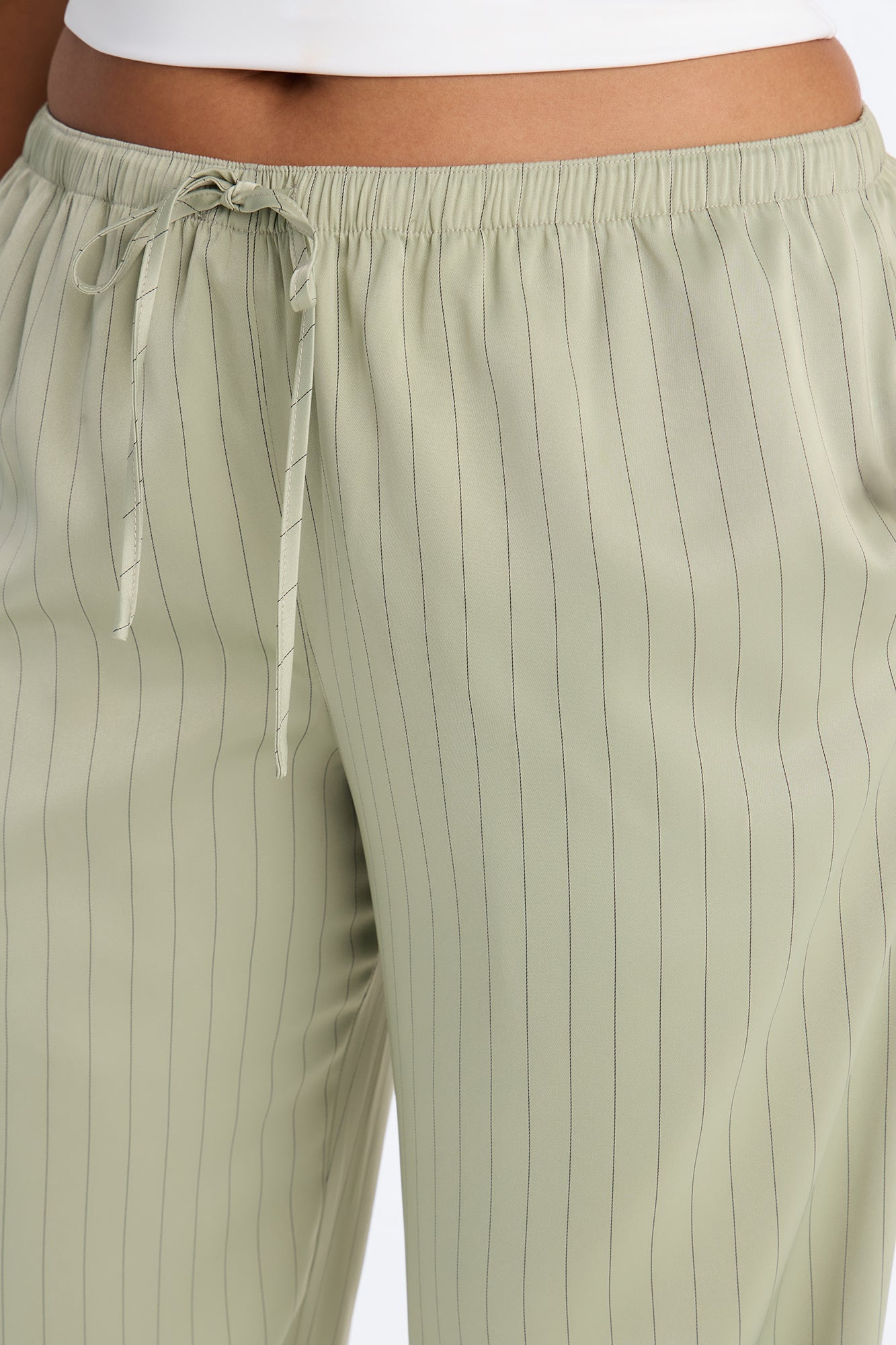 Lulu Pinstripe Satin Wide Leg Pant 32″ - Olive