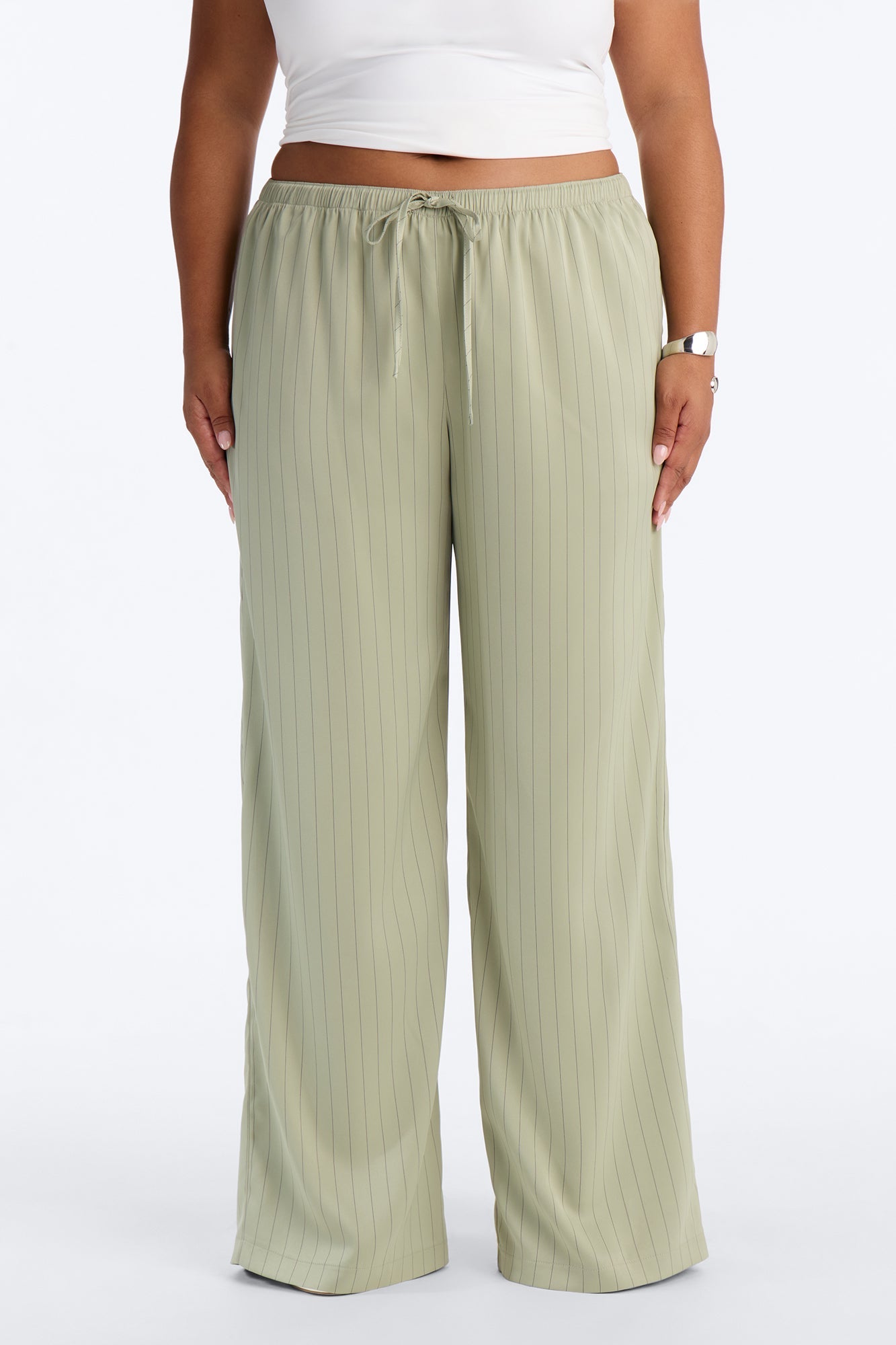 Lulu Pinstripe Satin Wide Leg Pant 32″ - Olive