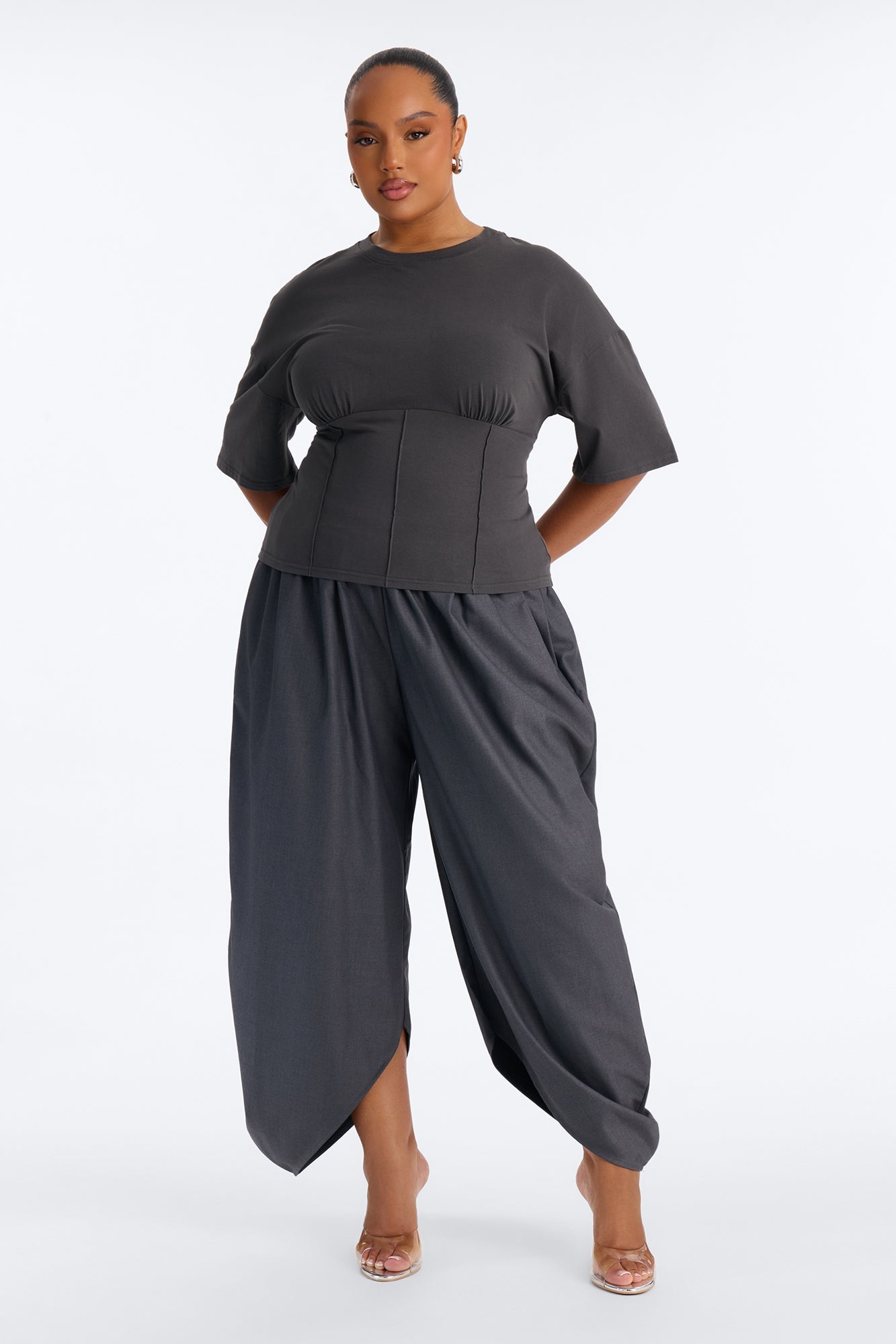 Kaylee Cinched Waist Short Sleeve T-Shirt - Charcoal