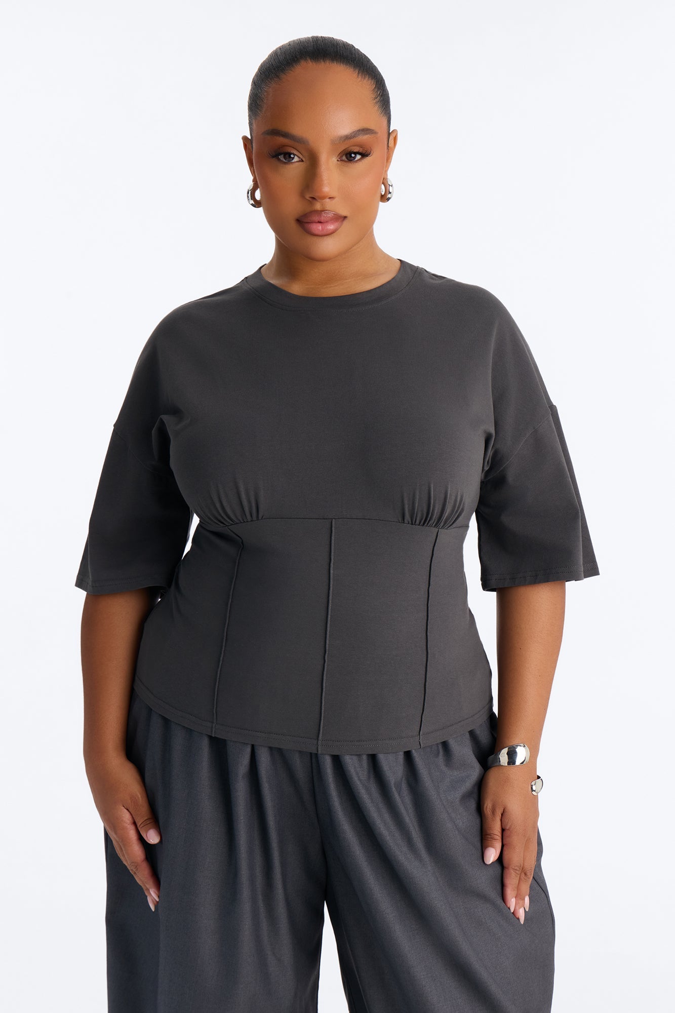 Kaylee Cinched Waist Short Sleeve T-Shirt - Charcoal