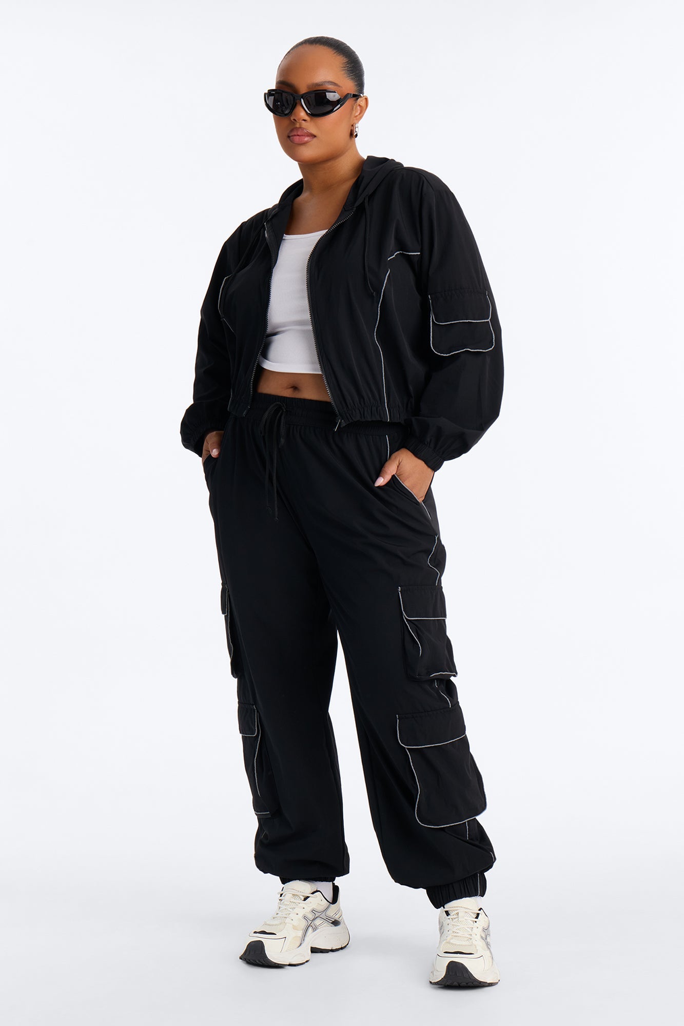 Nessa Nylon Cargo Hoodie Jogger Set - Black