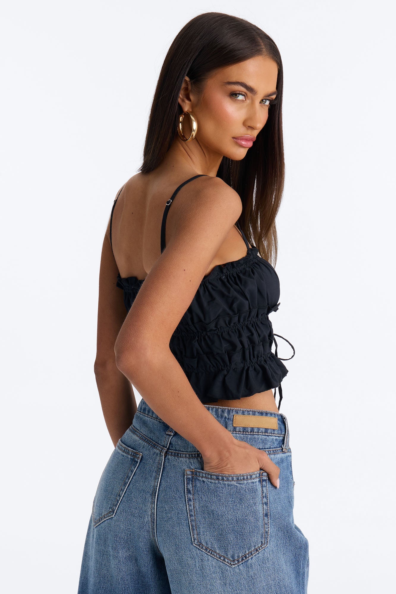 Maelle Tie Front Ruched Poplin Cami Top - Black