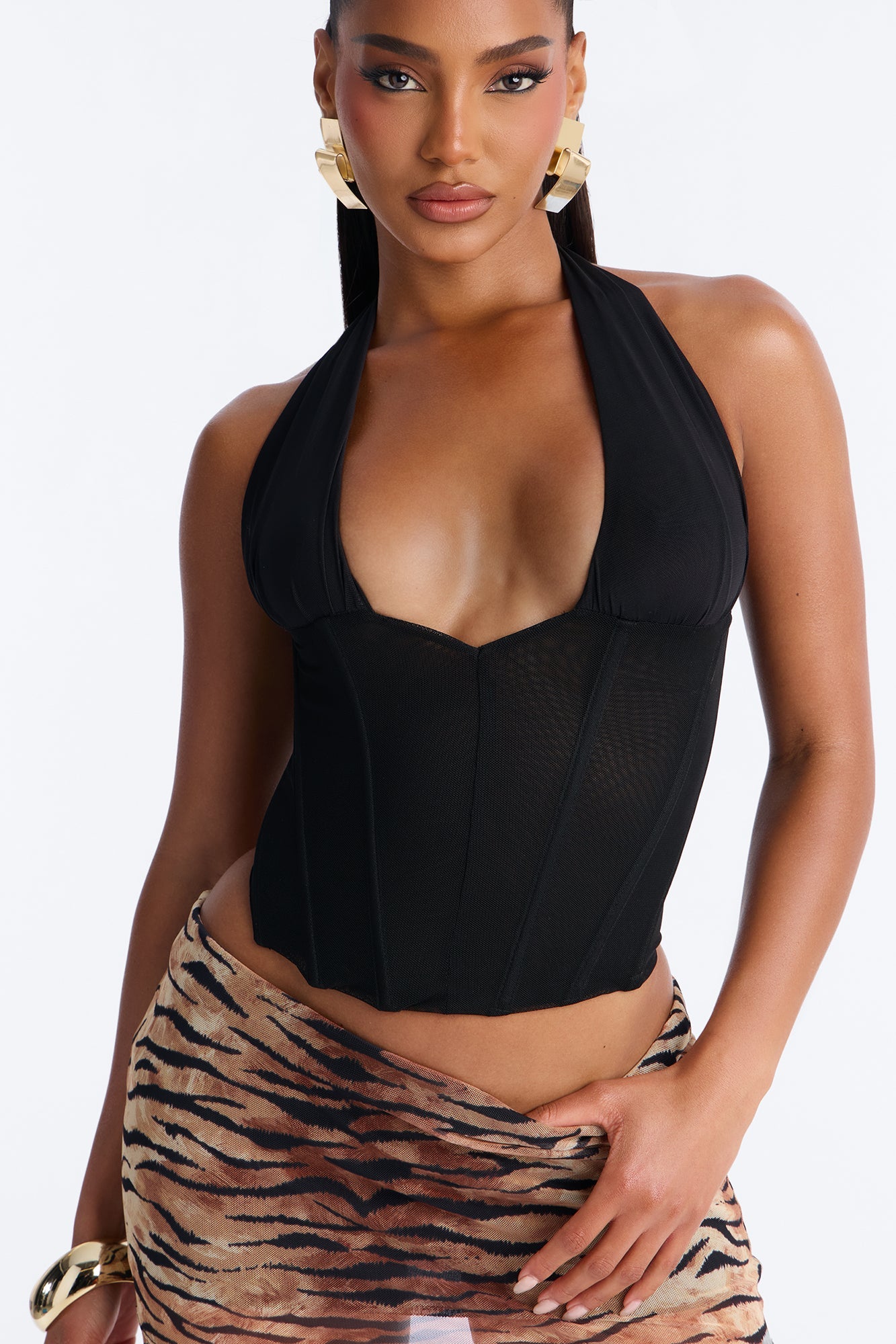 Never Forget Corset Mesh Halter Top - Black