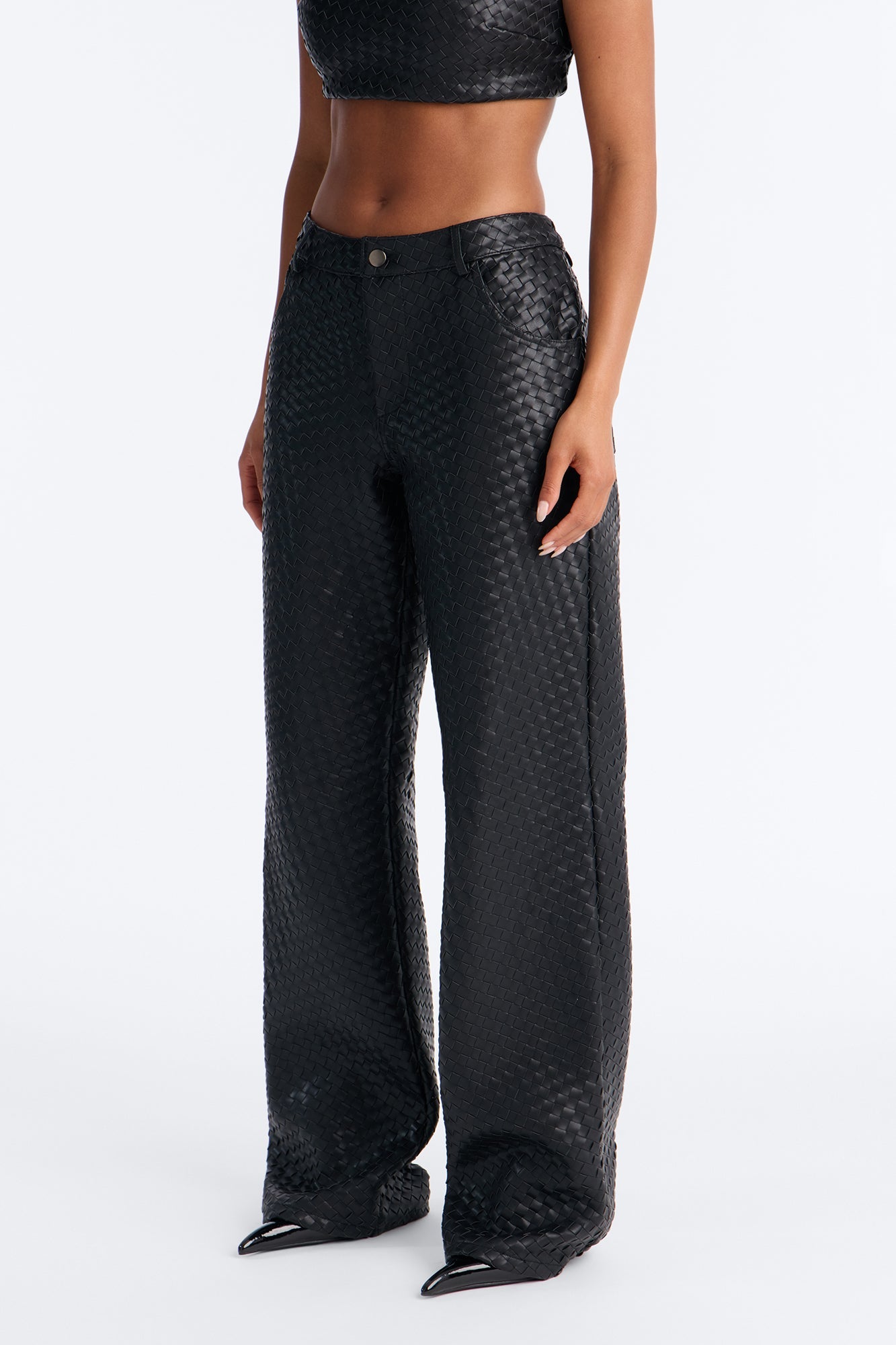 Vivian Low Rise Woven Faux Leather Wide Leg Pant - Black