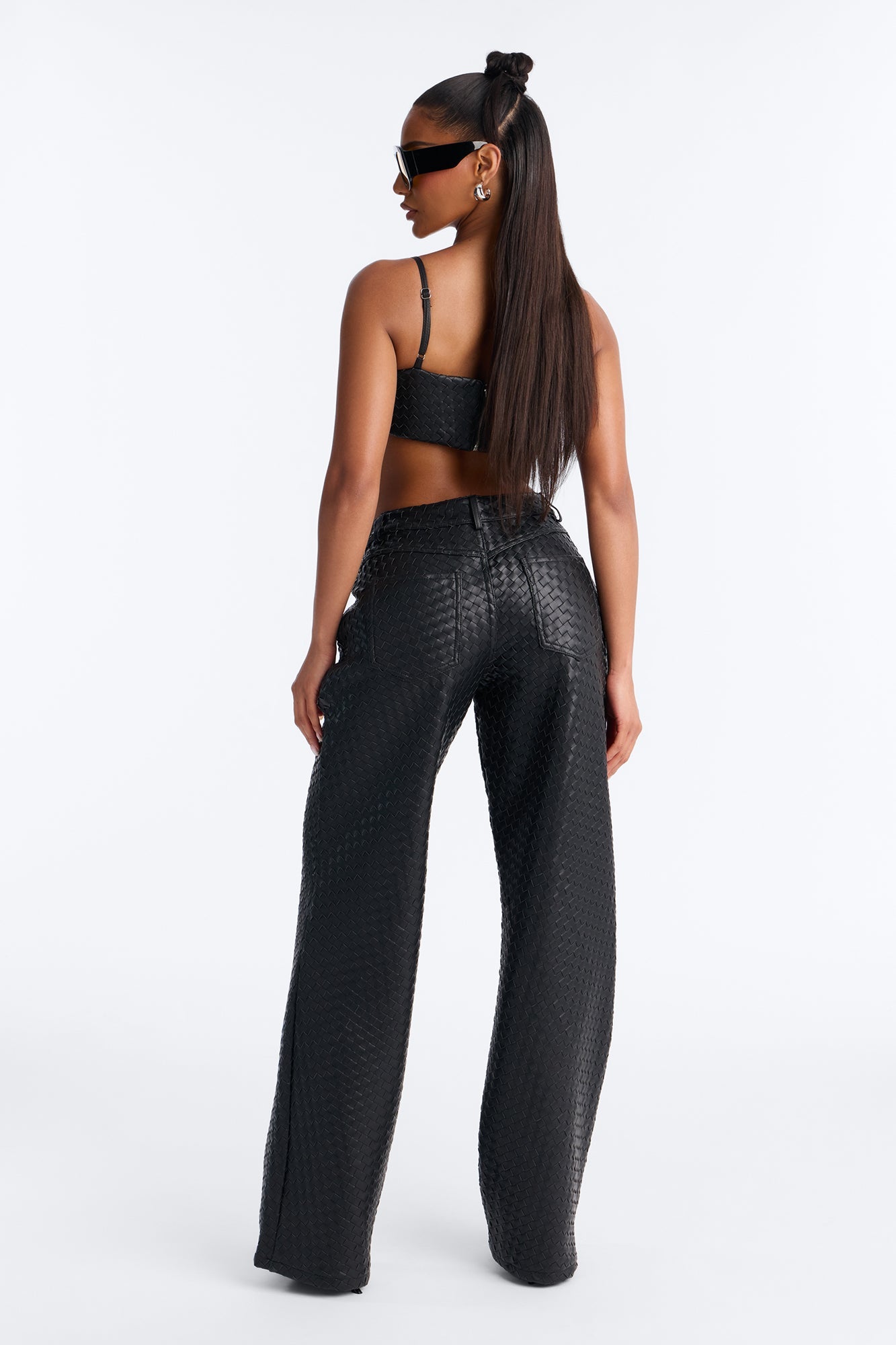 Vivian Low Rise Woven Faux Leather Wide Leg Pant - Black